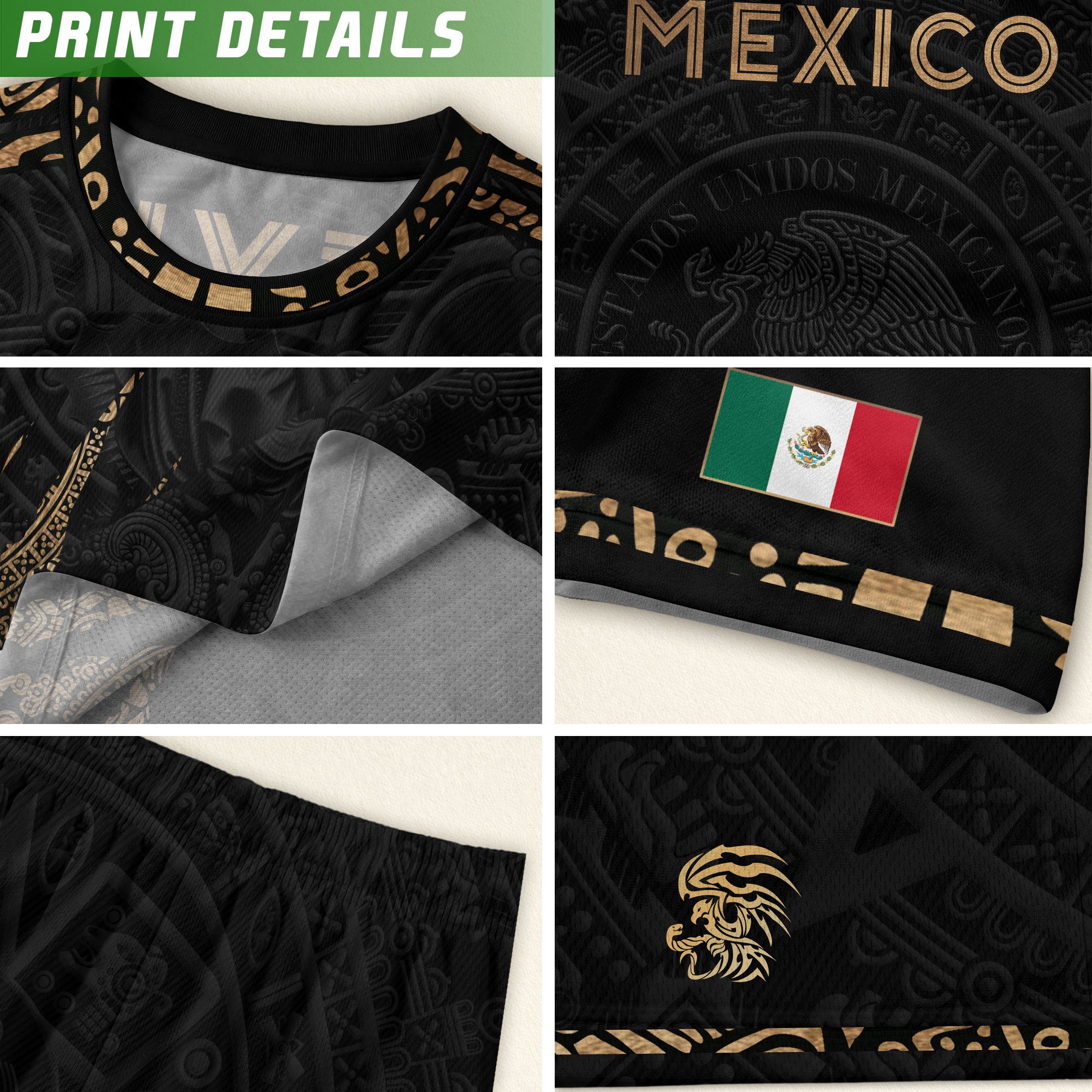 Camiseta de fútbol premium con emblema de águila azteca verde y dorado de México