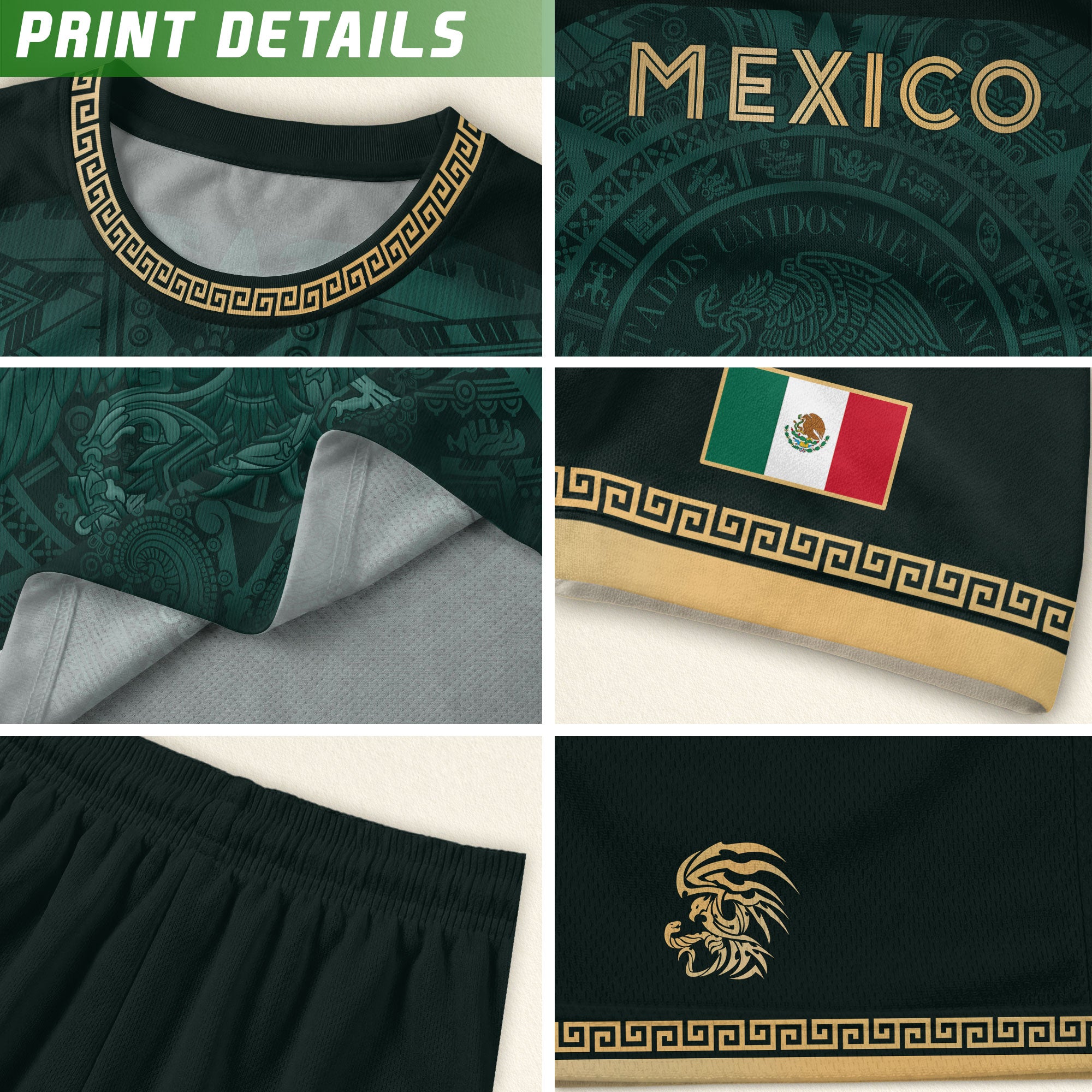 Camiseta de fútbol premium con emblema de águila azteca verde y dorado de México