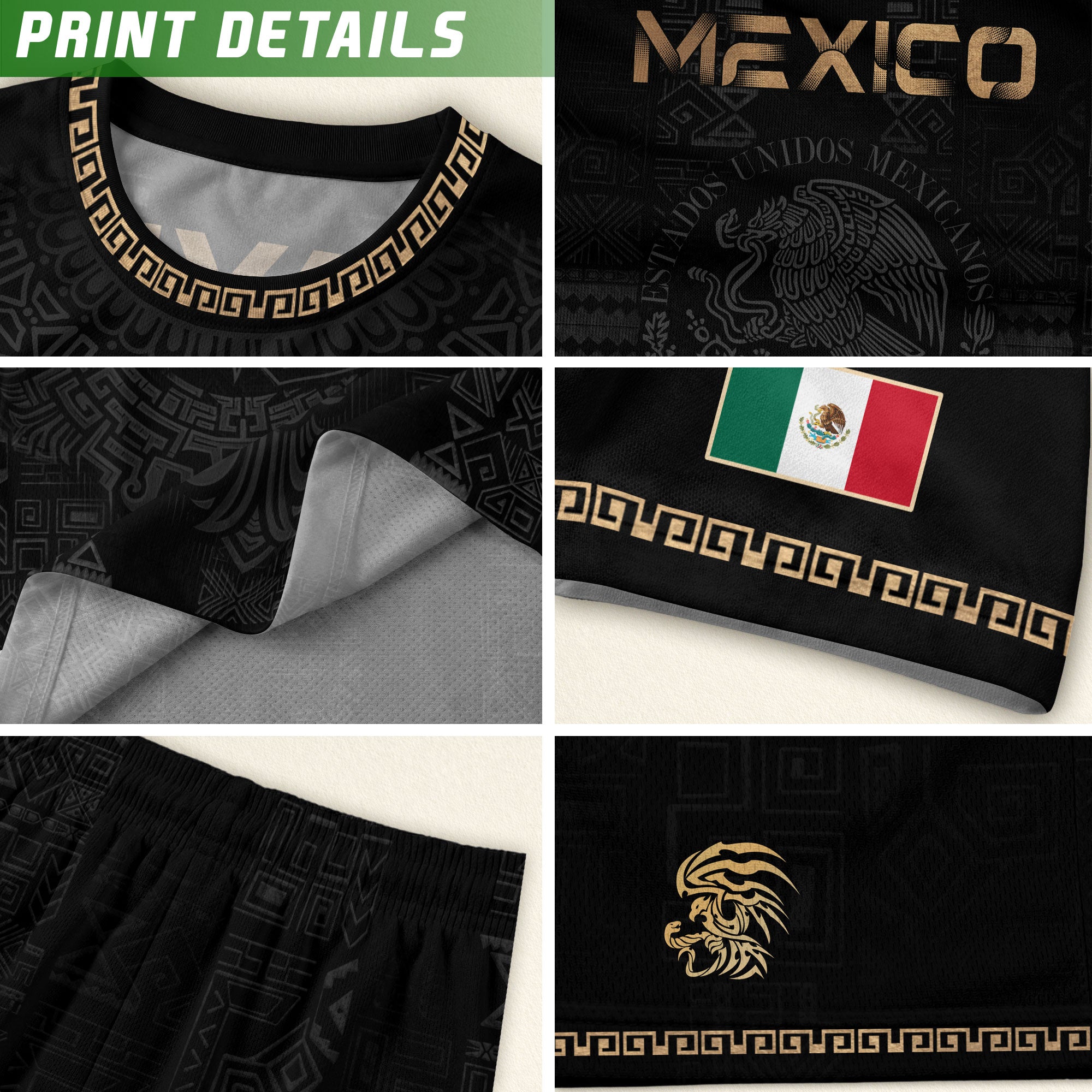 Mexico Heritage Orgullo Mexicano Black Gold Eagle Aztec Calendar Soccer Jersey