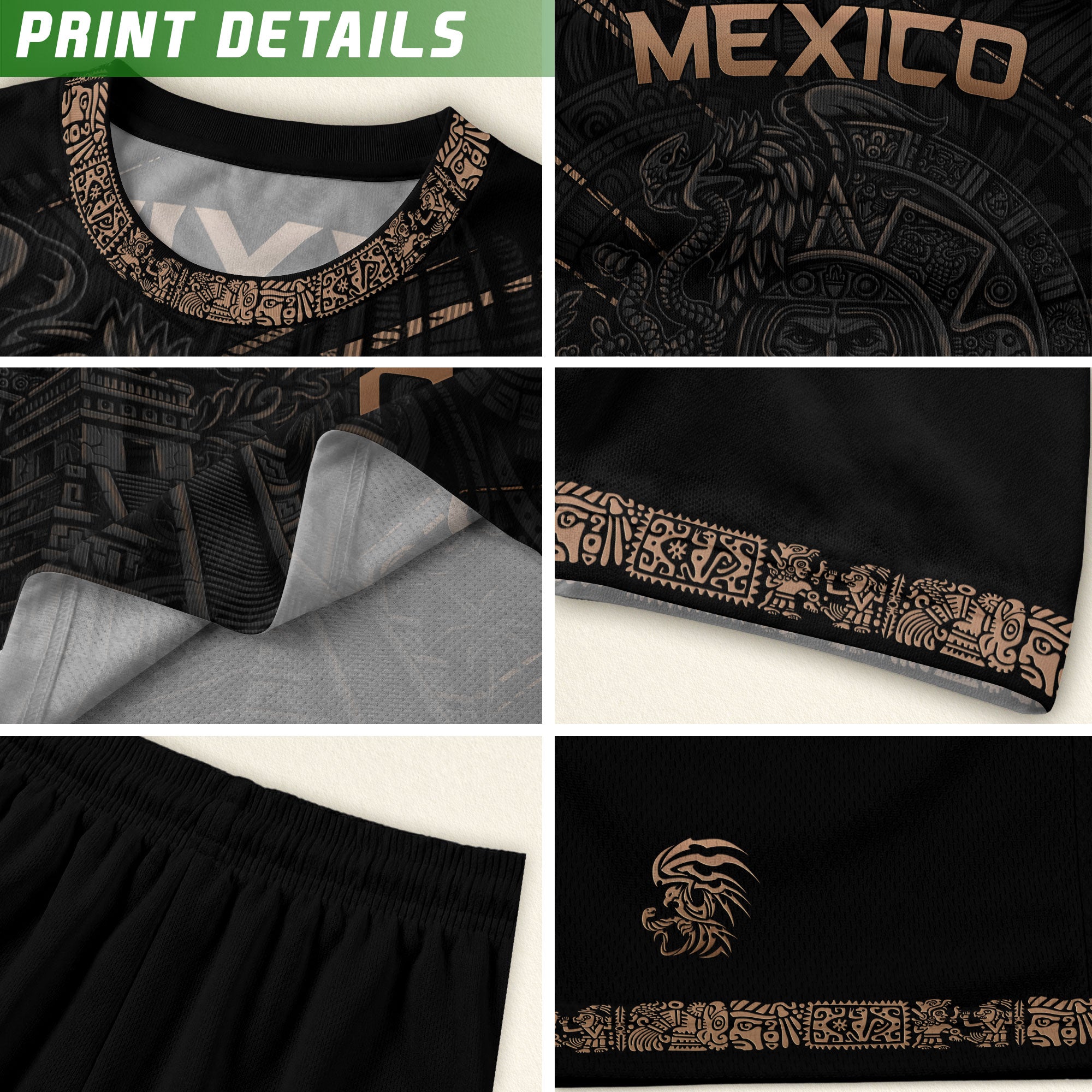 Camiseta de fútbol premium con emblema de águila azteca verde y dorado de México