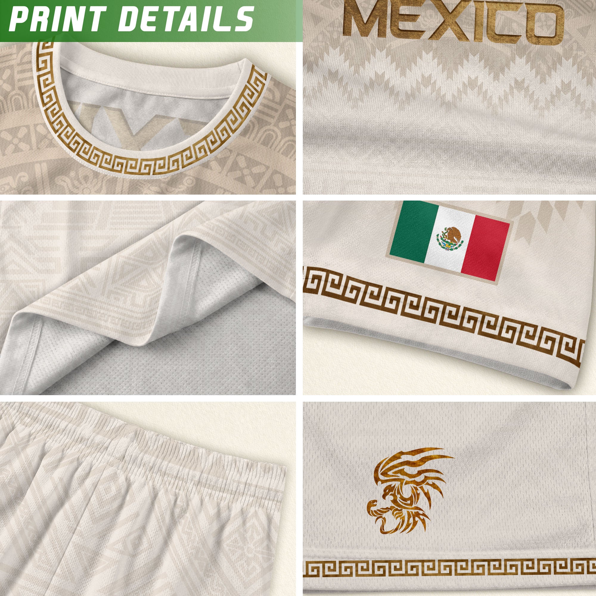 Camiseta de fútbol premium con emblema de águila azteca verde y dorado de México