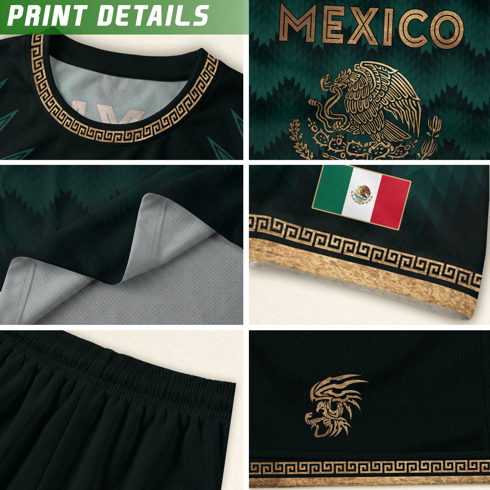 Mexico Coat of Arms Green Gold Aztec Ziczac Pattern Wing Graphic Heritage Soccer Jersey