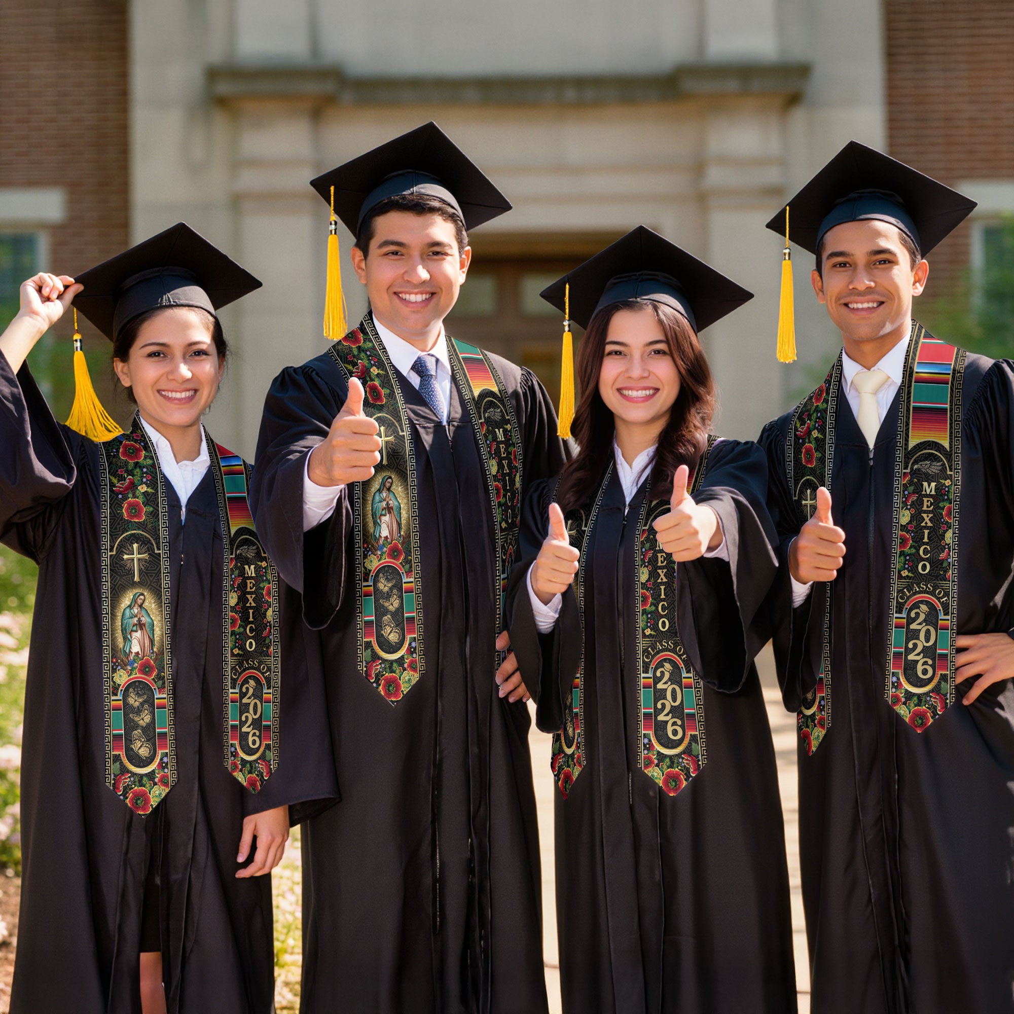 Mexican Graduation Stole Class of 2026 Aztec Cross Virgin Mary Butterfly Floral Mexico Sash