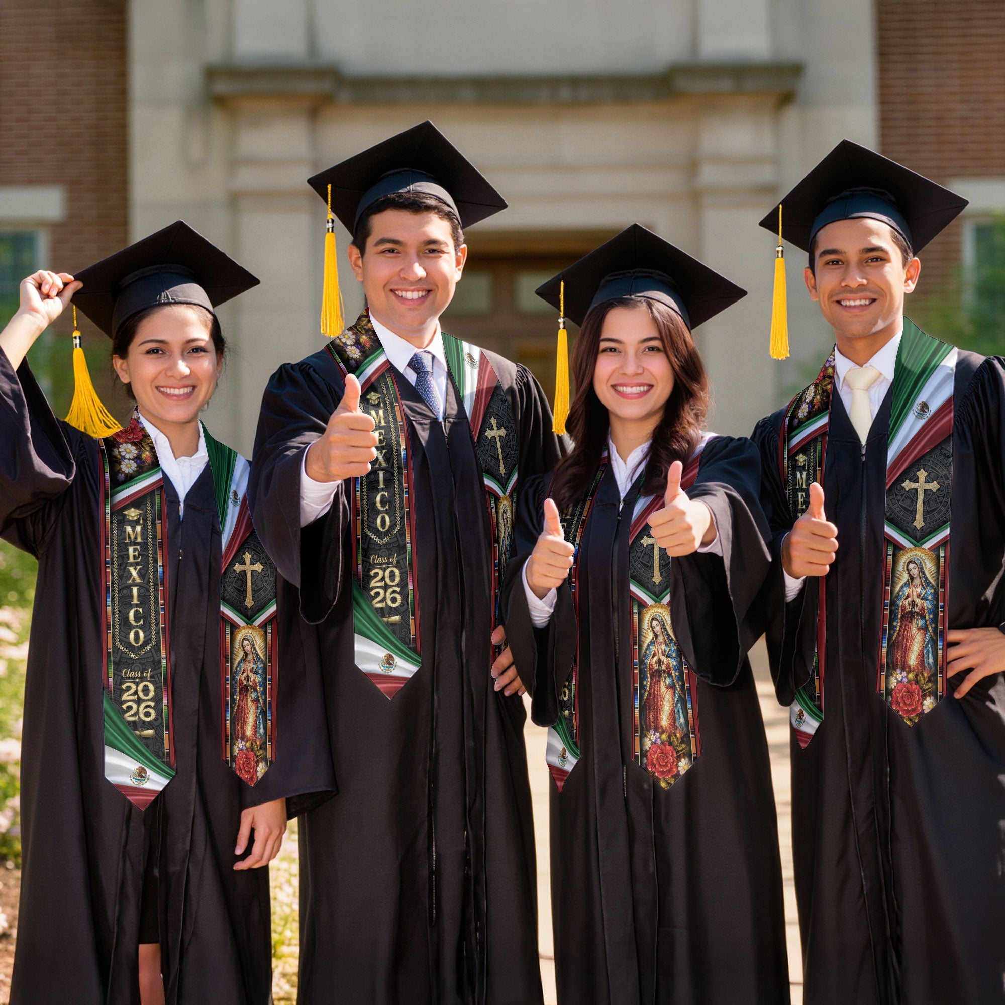 Mexican Graduation Stole Class of 2026 Aztec Virgin Mary Cross Mexico Flag Serape Sash