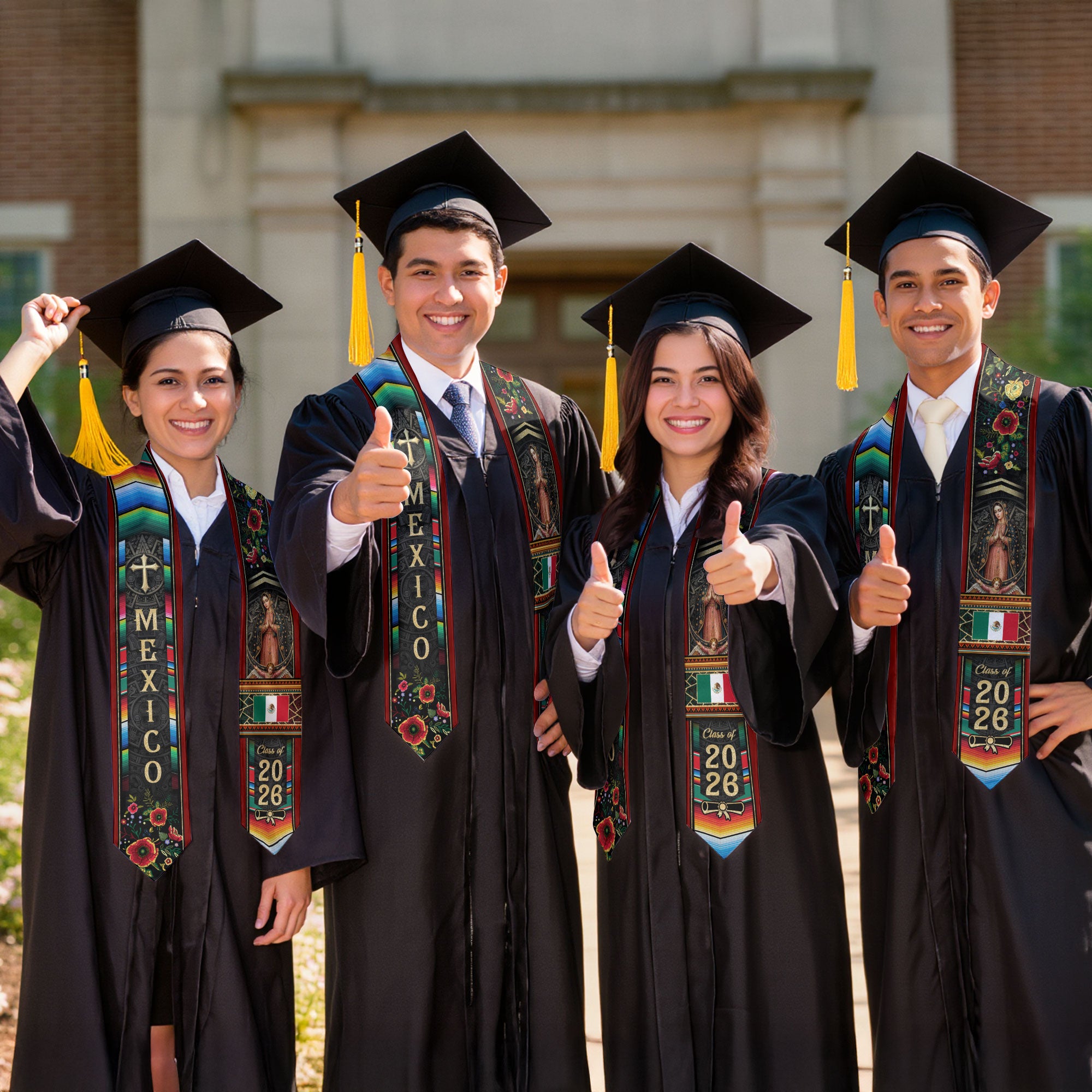 Virgin Mary Mexico Graduation Stole 2026, Golden Cross & Serape Flag Heritage