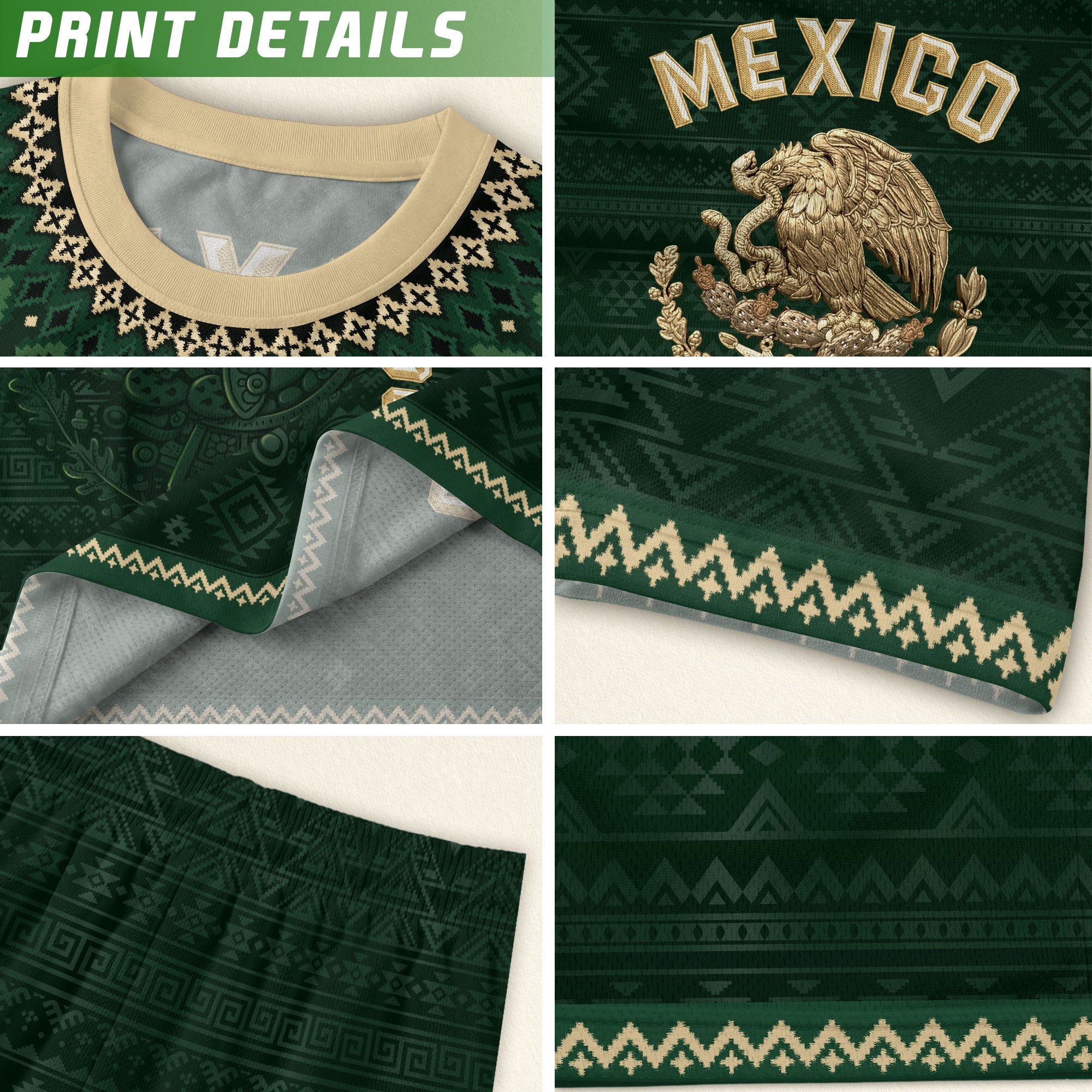 Mexico Heritage Soccer Jersey, Green Gold Aztec Calendar Design Sports Jersey for Men