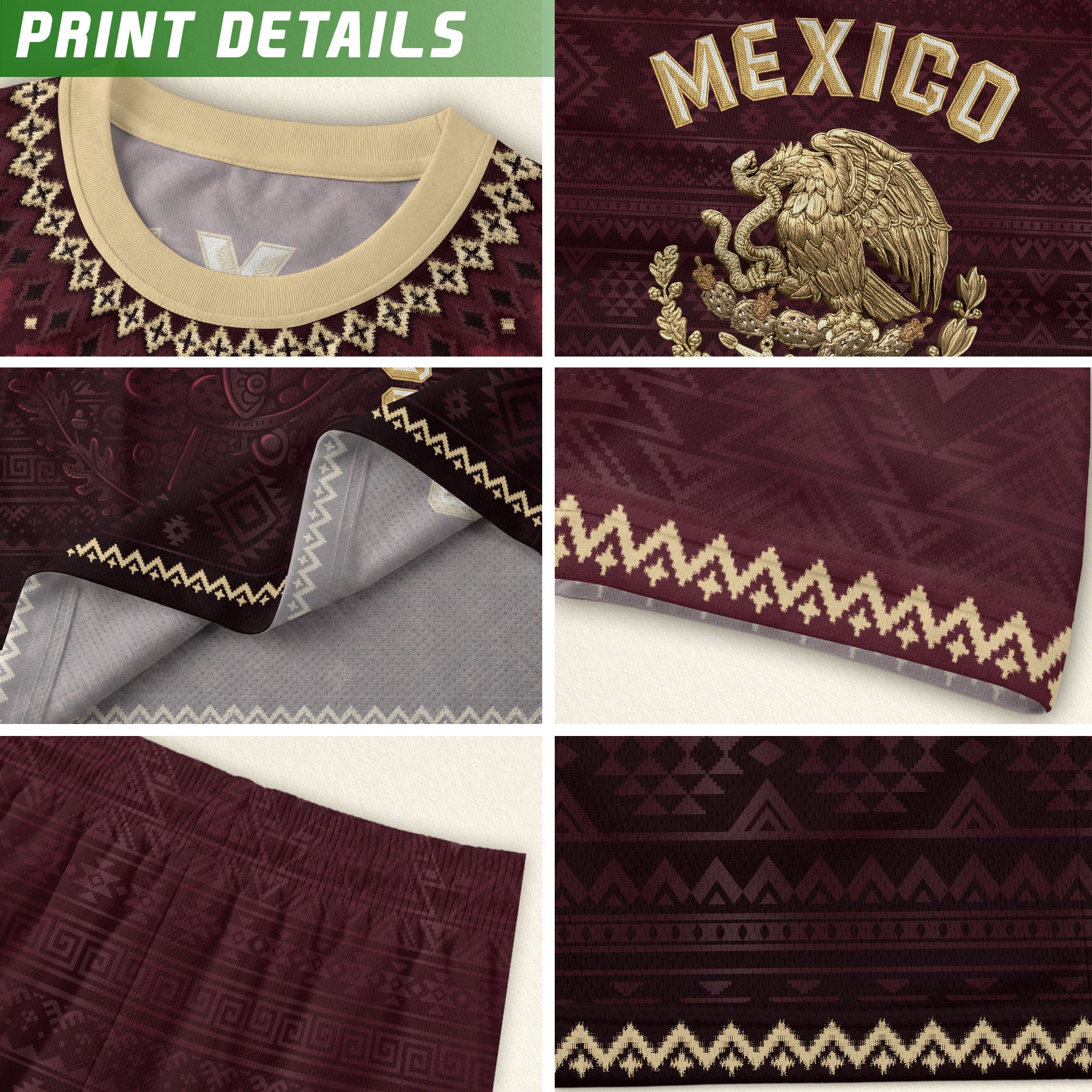 Mexico Heritage Soccer Jersey, Maroon Burgundy Gold Aztec Eagle Design Sports Jersey for Men