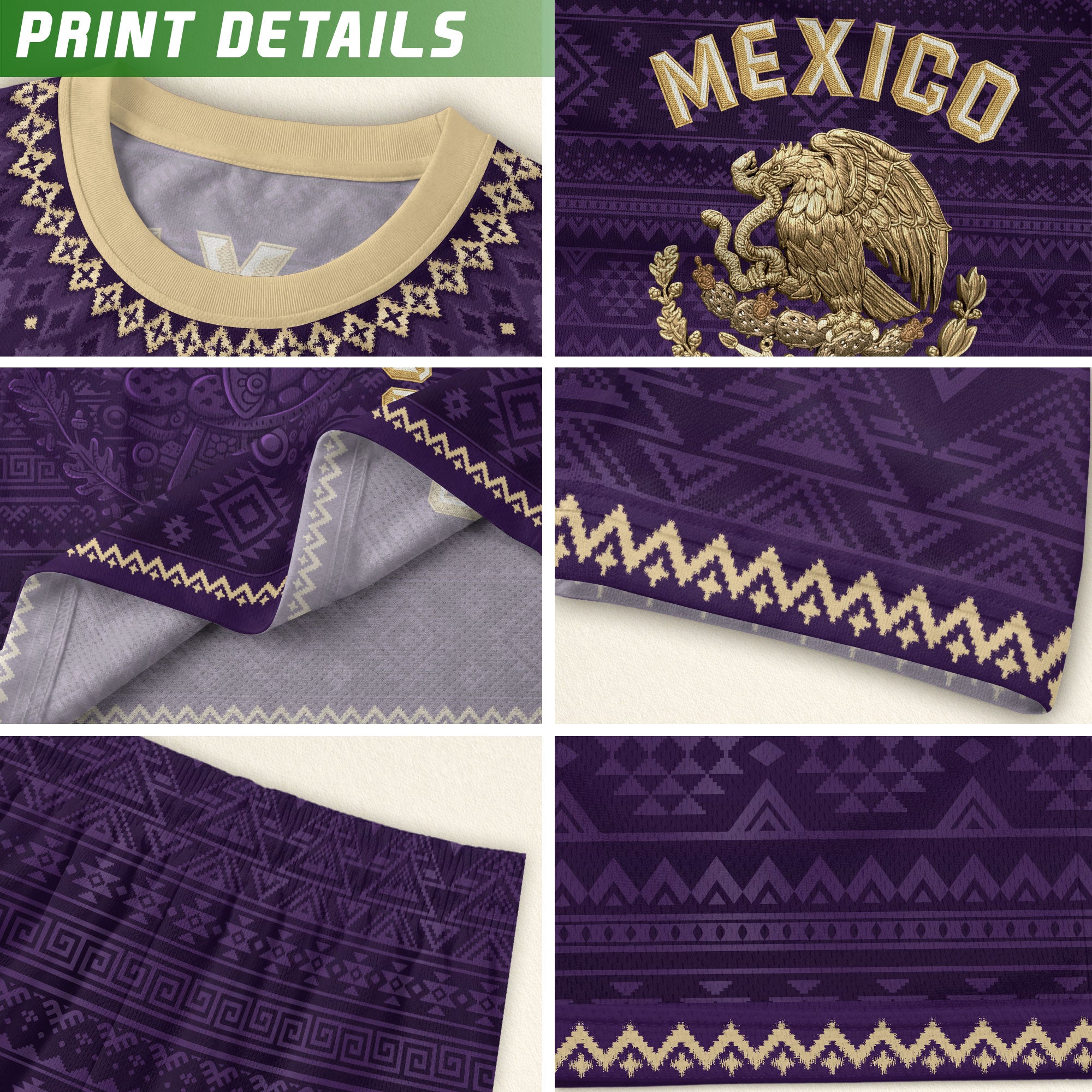 Mexico Heritage Soccer Jersey, Purple Gold Aztec Calendar Design Sports Jersey for Men