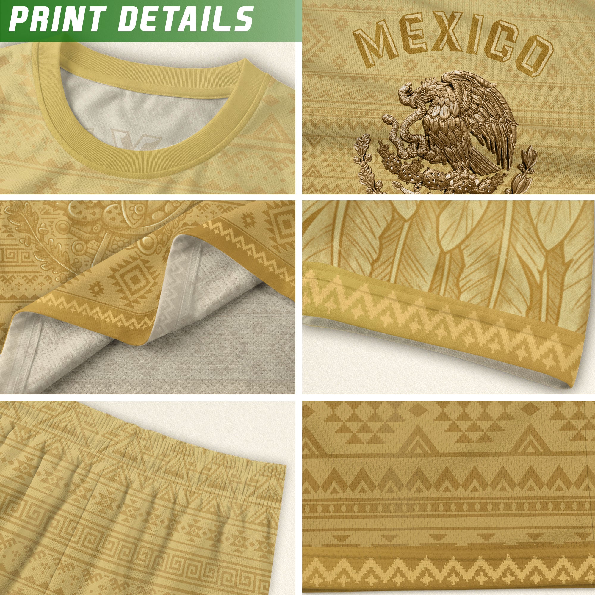 Mexico Heritage Soccer Jersey, Yellow Gold Aztec Calendar Design Sports Jersey for Men