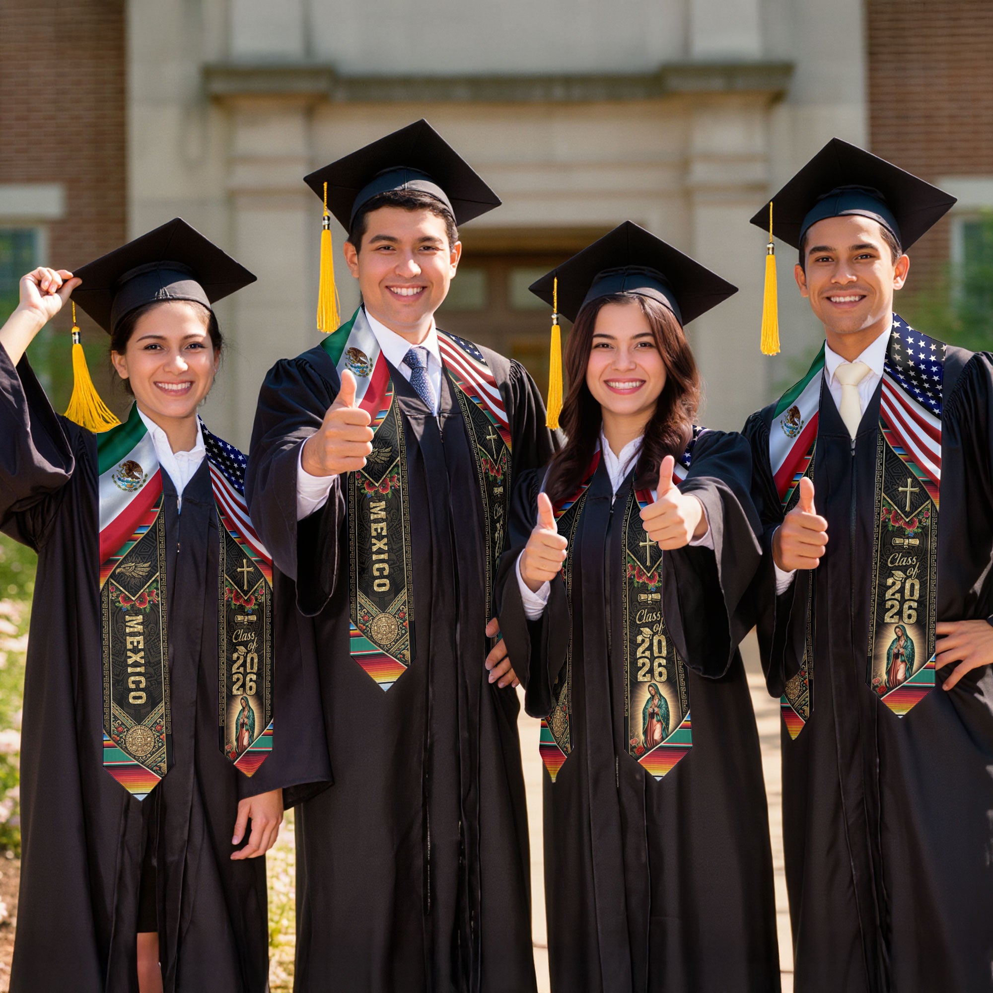 Mexico USA Graduation Stole Class of 2026, Virgin Mary & Eagle Heritage