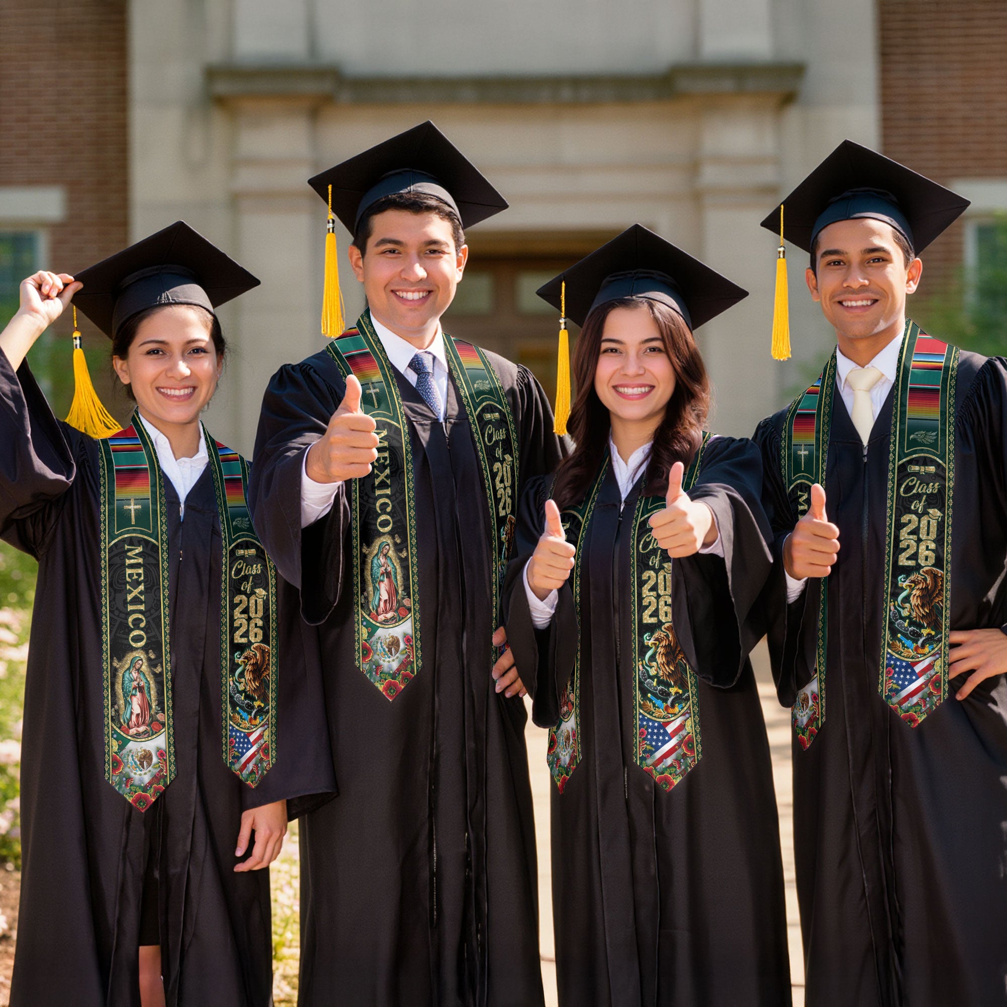 Virgin Mary Mexico Graduation Stole 2026, Golden Cross & US Mexico Flag