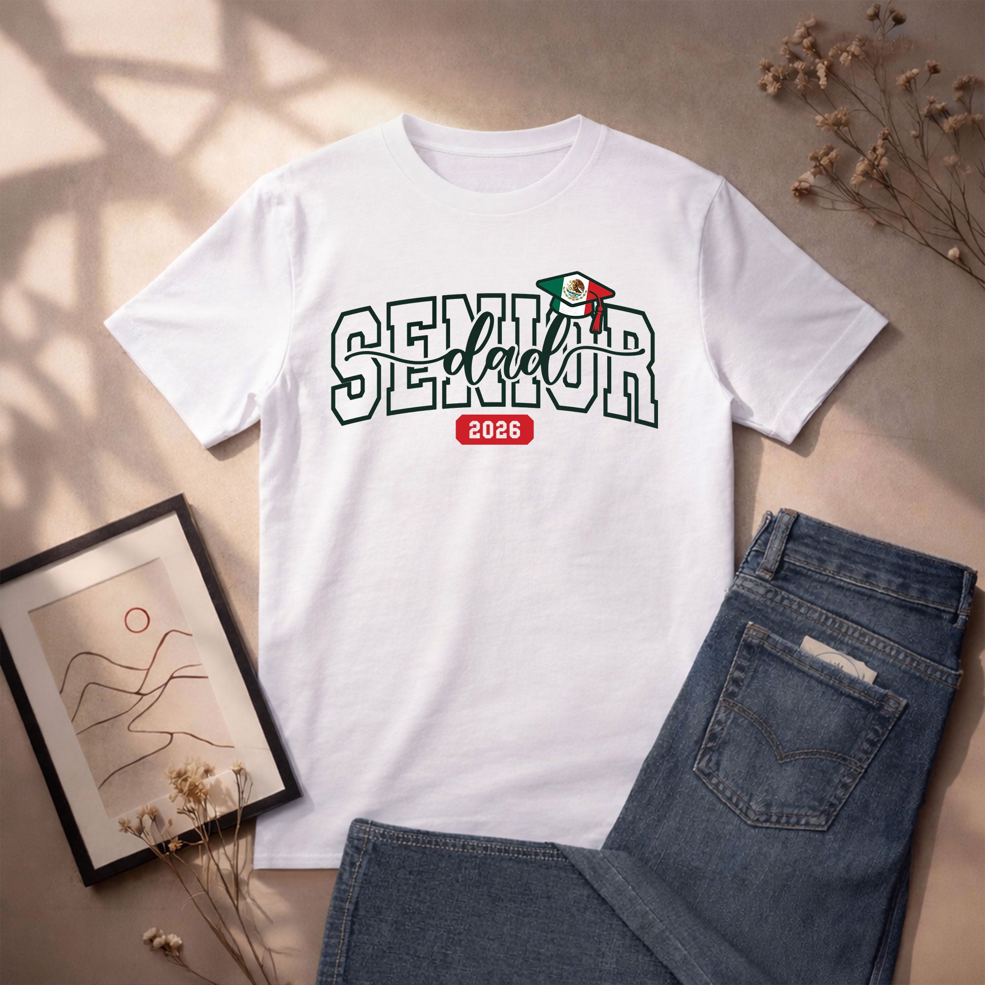 Senior Family 2026 T-Shirt White with Mexico Flag Graduation Cap - Class of 2026 Tee