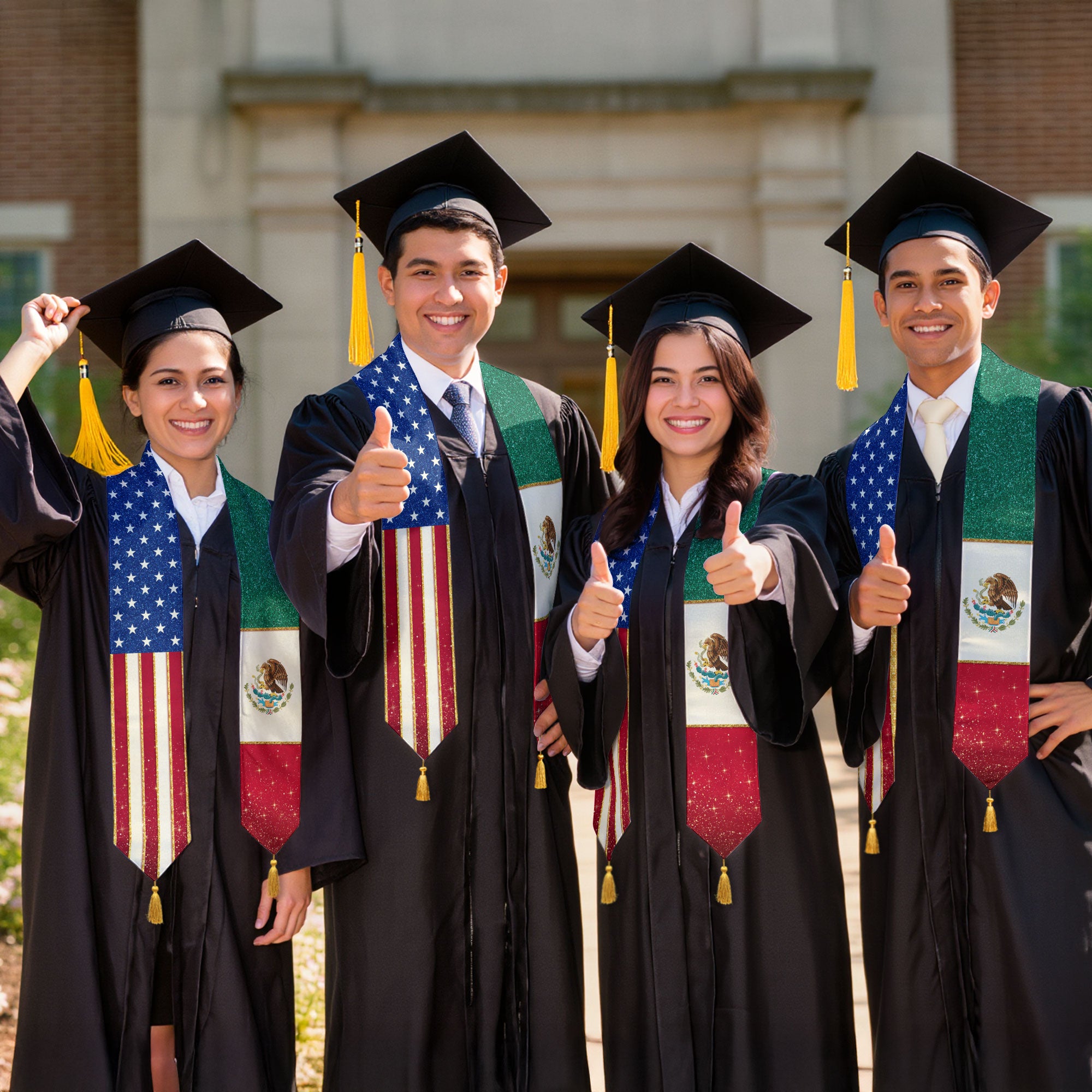 Mexico USA Dual Flag Graduation Stole Glitter Heritage Tassel Sash Gift