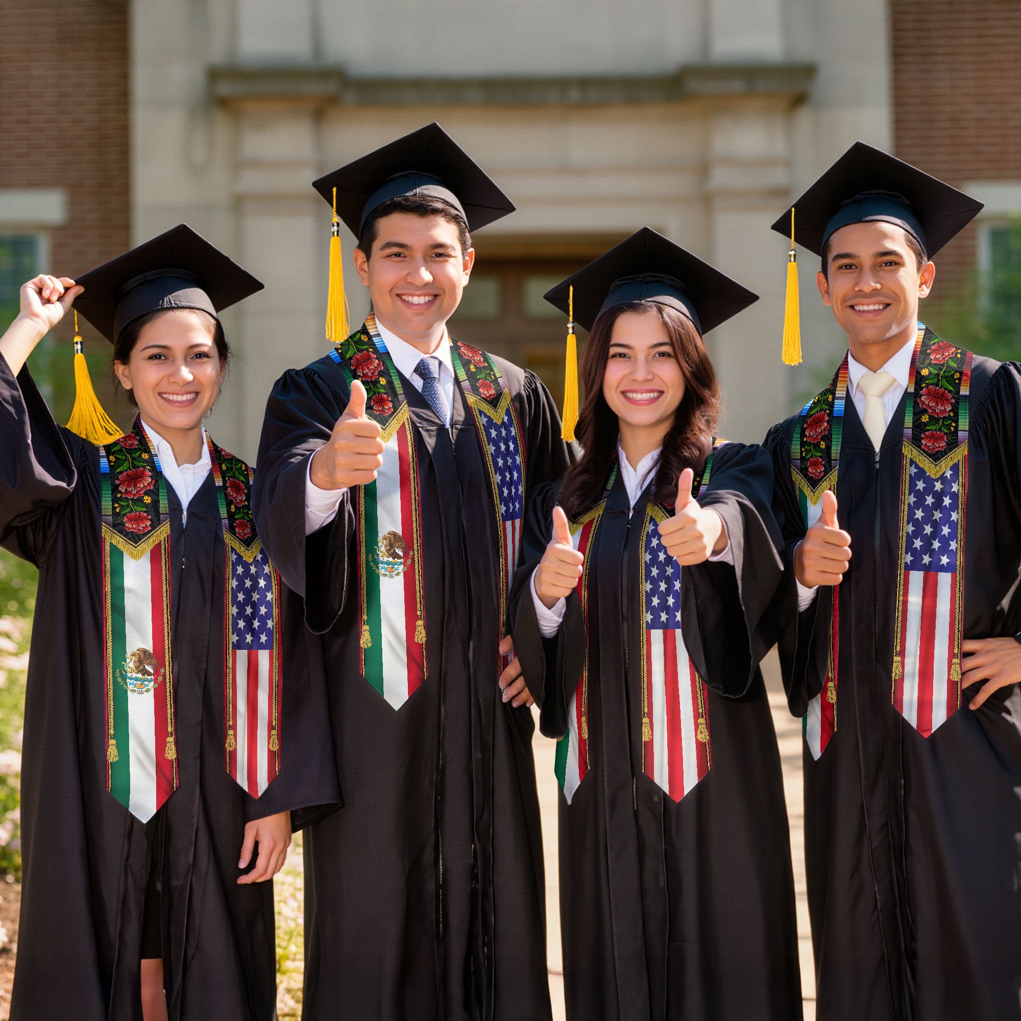 Mexico USA Floral Graduation Stole - Mexican American Heritage Serape Sash