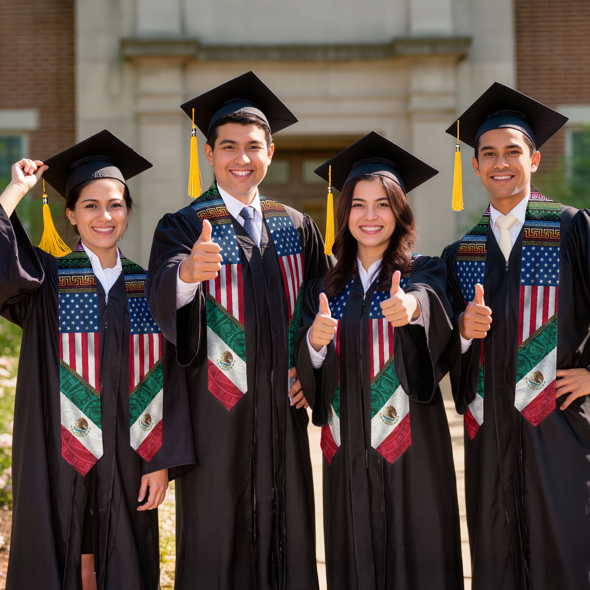Mexico USA Flag Graduation Stole - Aztec Pattern Mexican American Heritage Sash