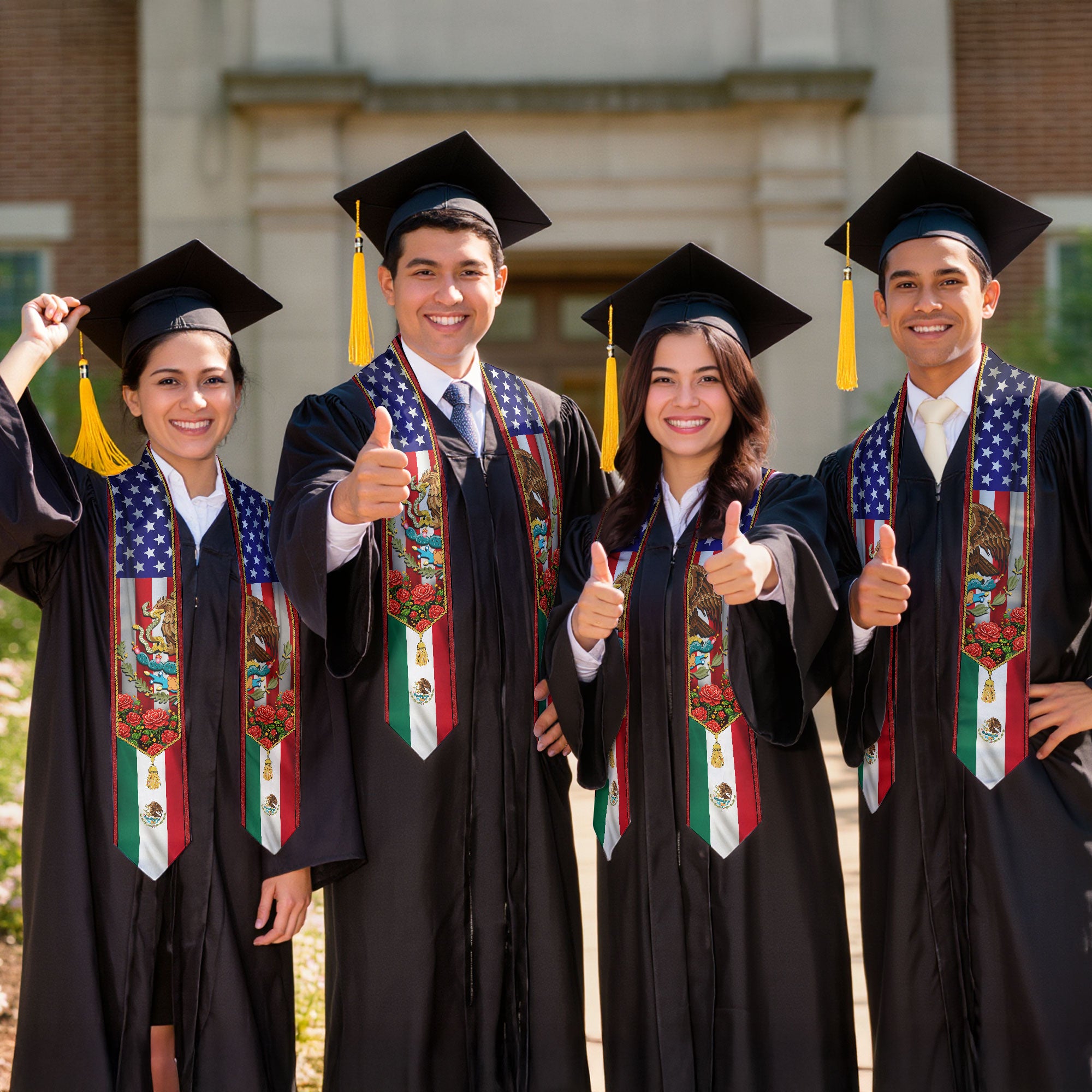 Mexico USA Flag Graduation Stole - Mexican American Heritage Eagle Red Rose Sash