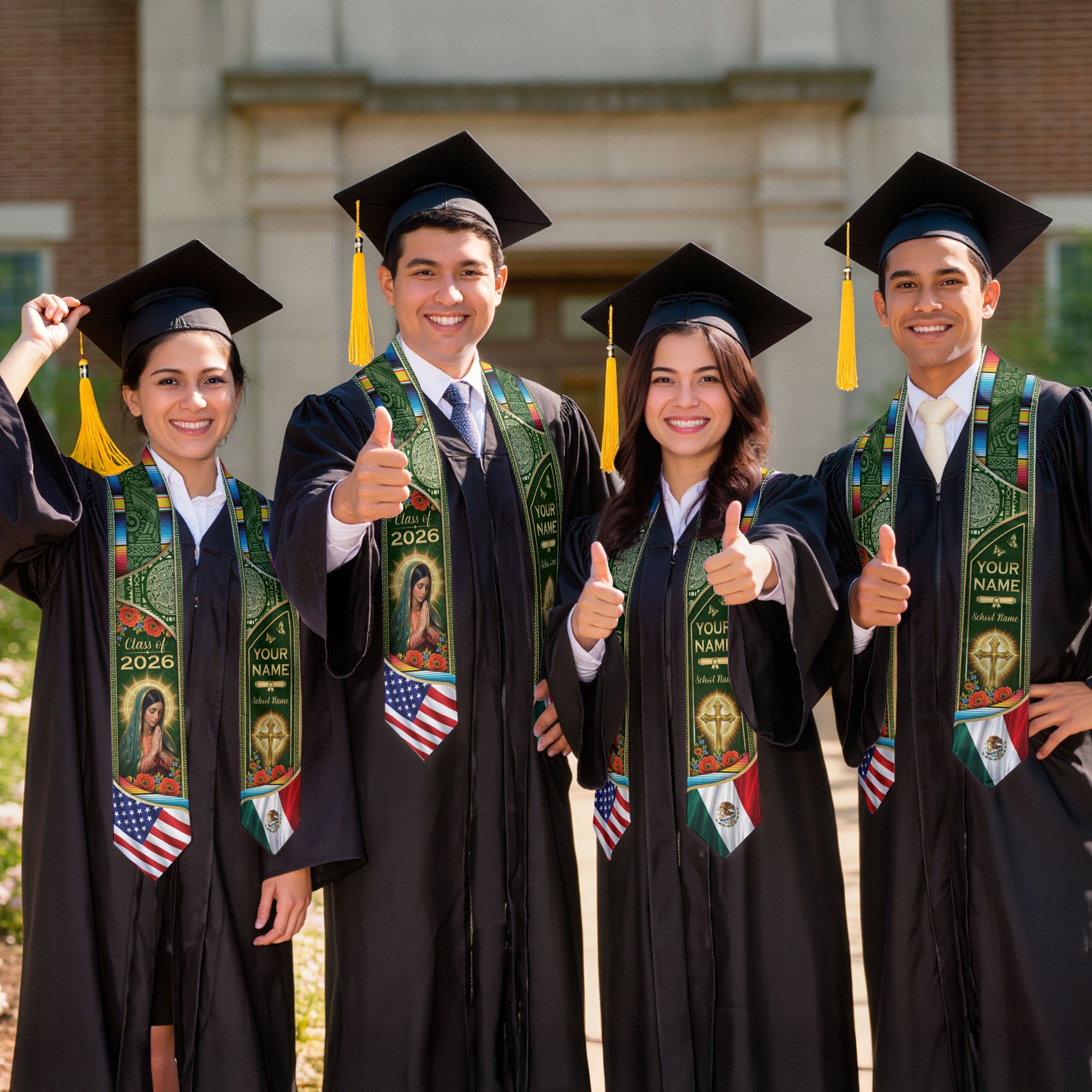 Custom Mexico USA Flag Graduation Stole 2026 Virgin Mary Heritage Sash