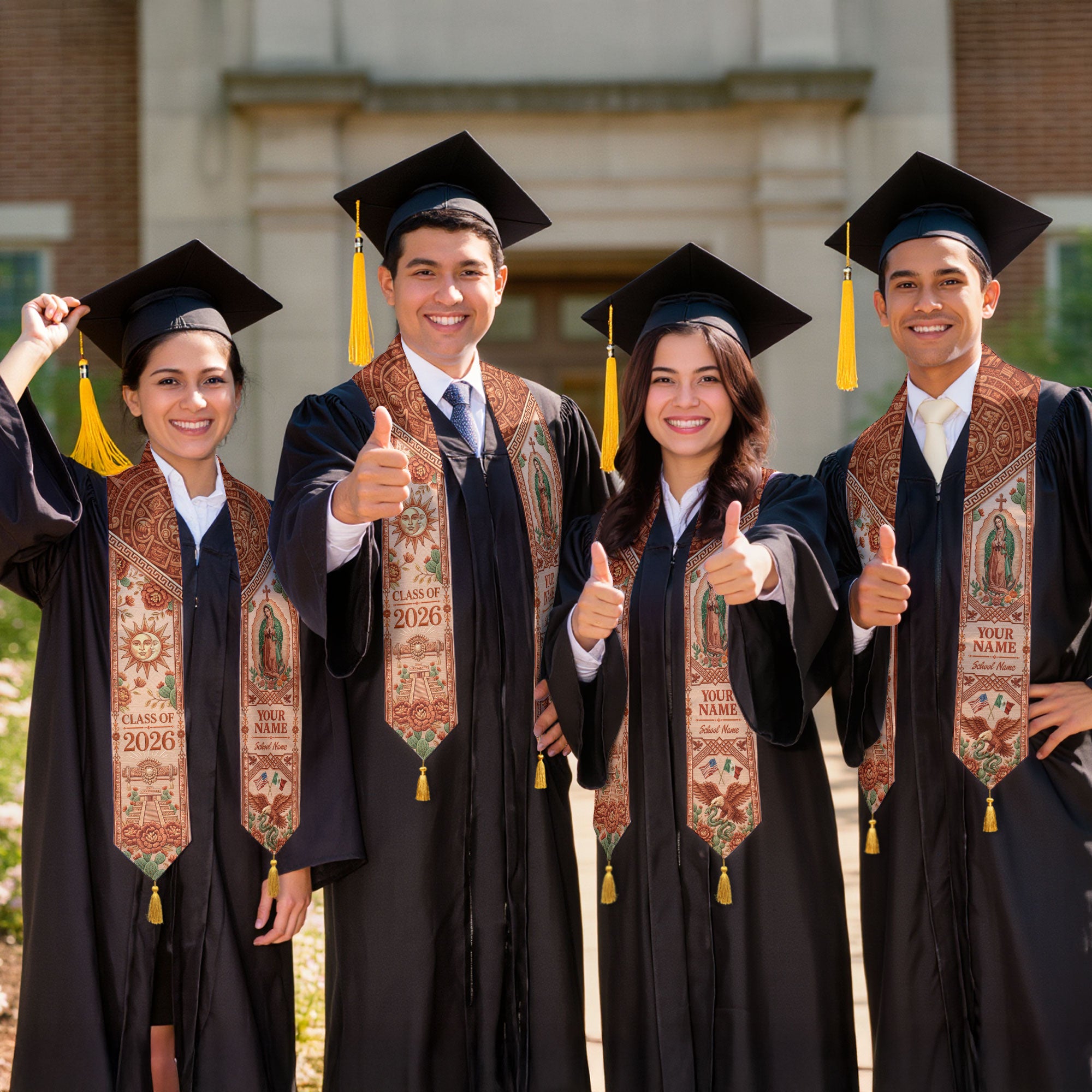 Personalized Mexico Graduation Stole 2026 Tassels Virgin Mary Terracotta Aztec Sash