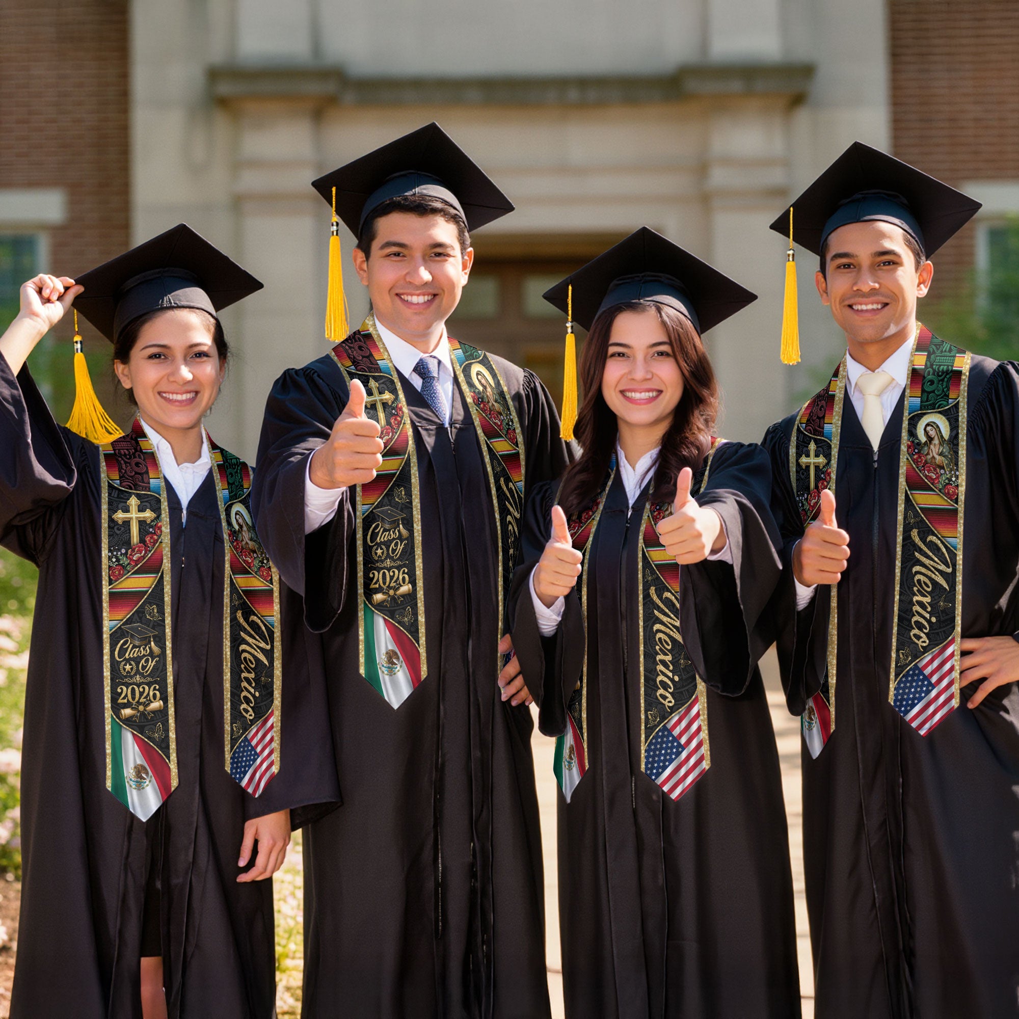 Mexico Stole Graduation 2026 Virgin Mary Cross Gold Glitter Mexican USA Flag Serape