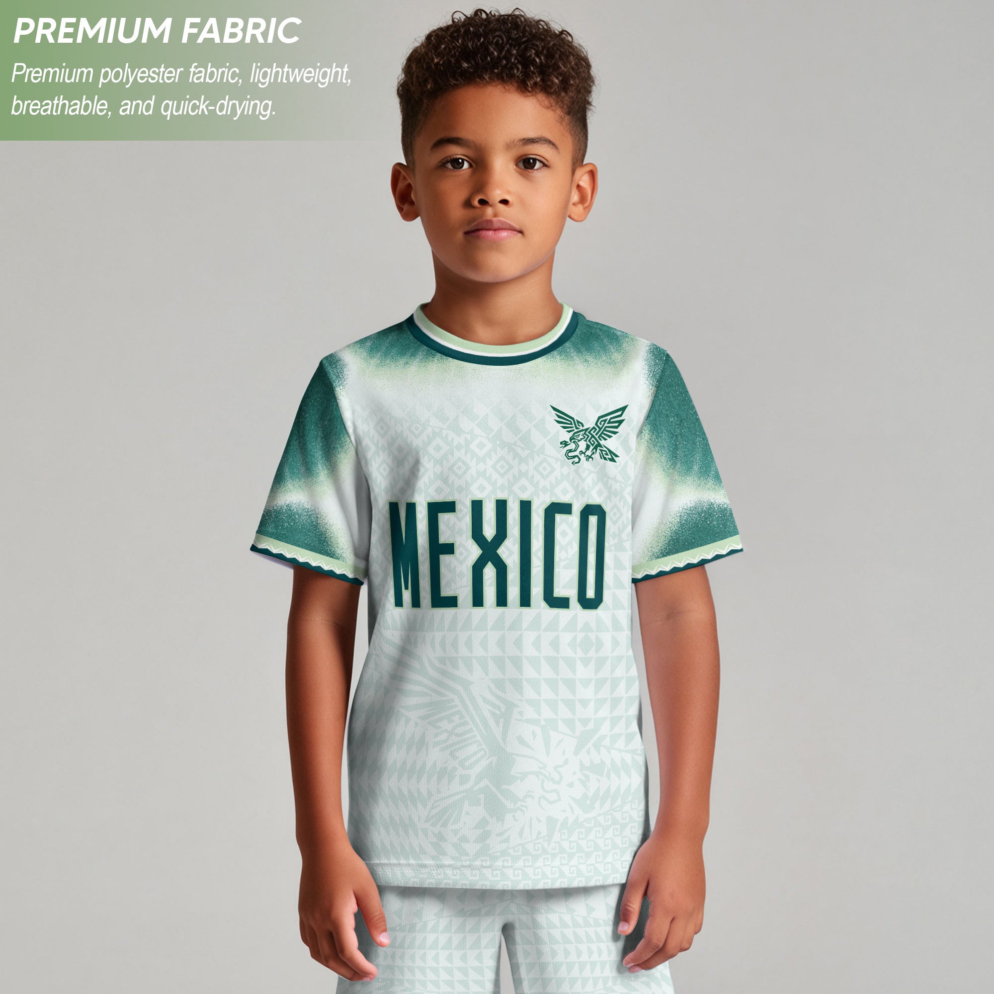 Mexico Soccer Jersey Kids Aztec Eagle Pattern White Youth Football Shirt Fan Sportswear