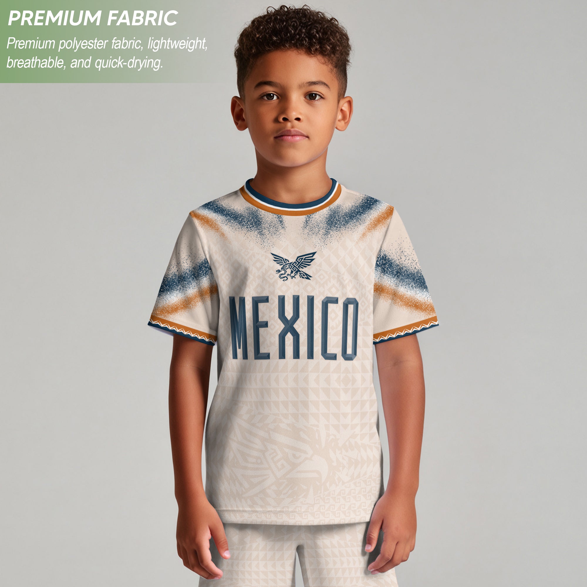 Mexico Soccer Jersey Kids Aztec Eagle Cream Beige Youth Football Shirt Training Apparel
