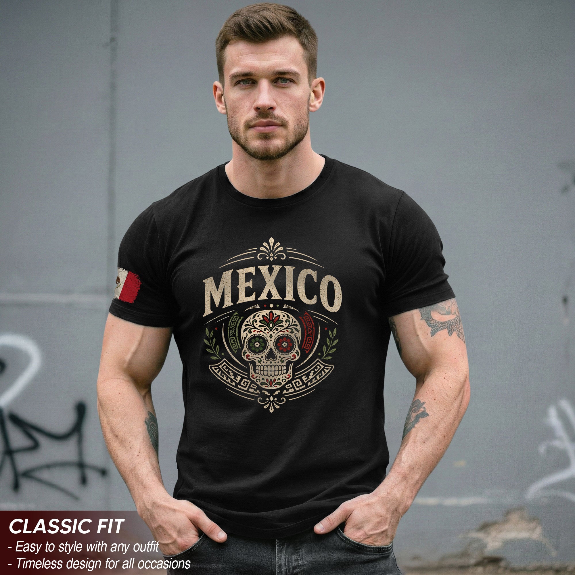 Mexico Sugar Skull Graphic T-Shirt Cultural Day of the Dead Design Casual Cotton Apparel