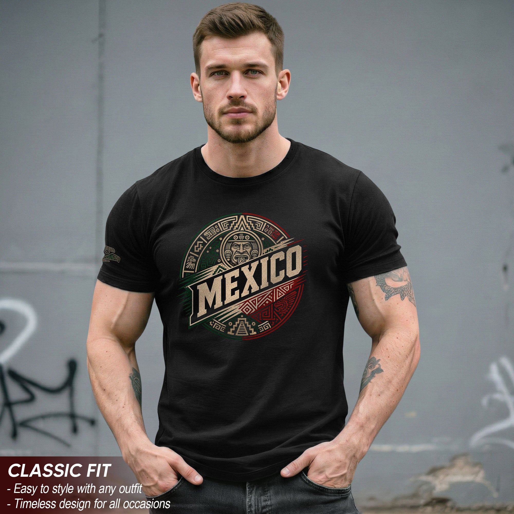 Mexico Ancient Culture Graphic T-Shirt Aztec Inspired Design Casual Cotton Short Sleeve Tee