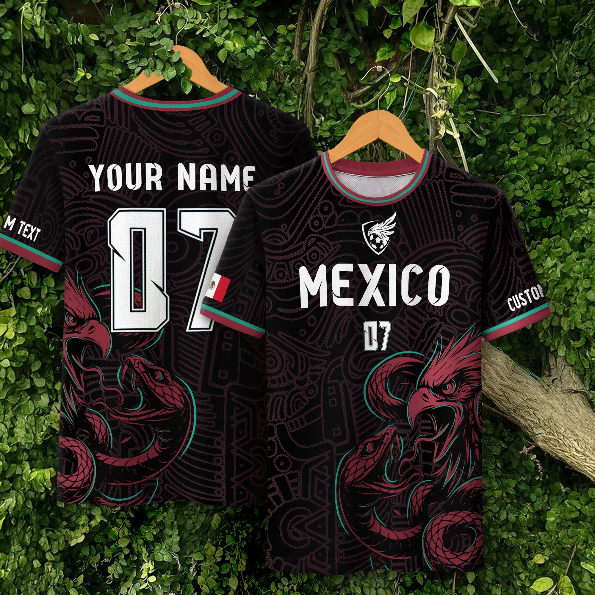 Custom Mexico Black Aztec Eagle Serpent Design Soccer Jersey