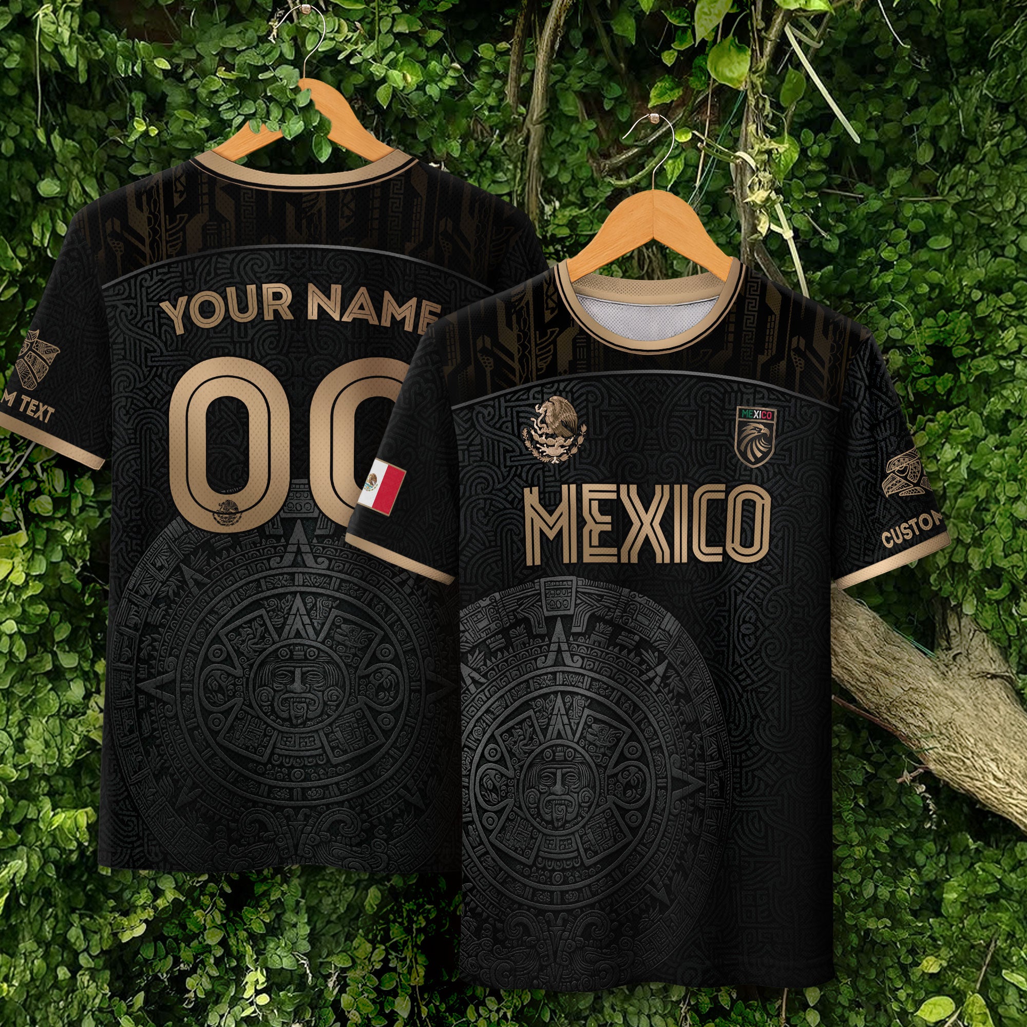 Mexico Custom Soccer Jersey Black Aztec Calendar Gold Edition