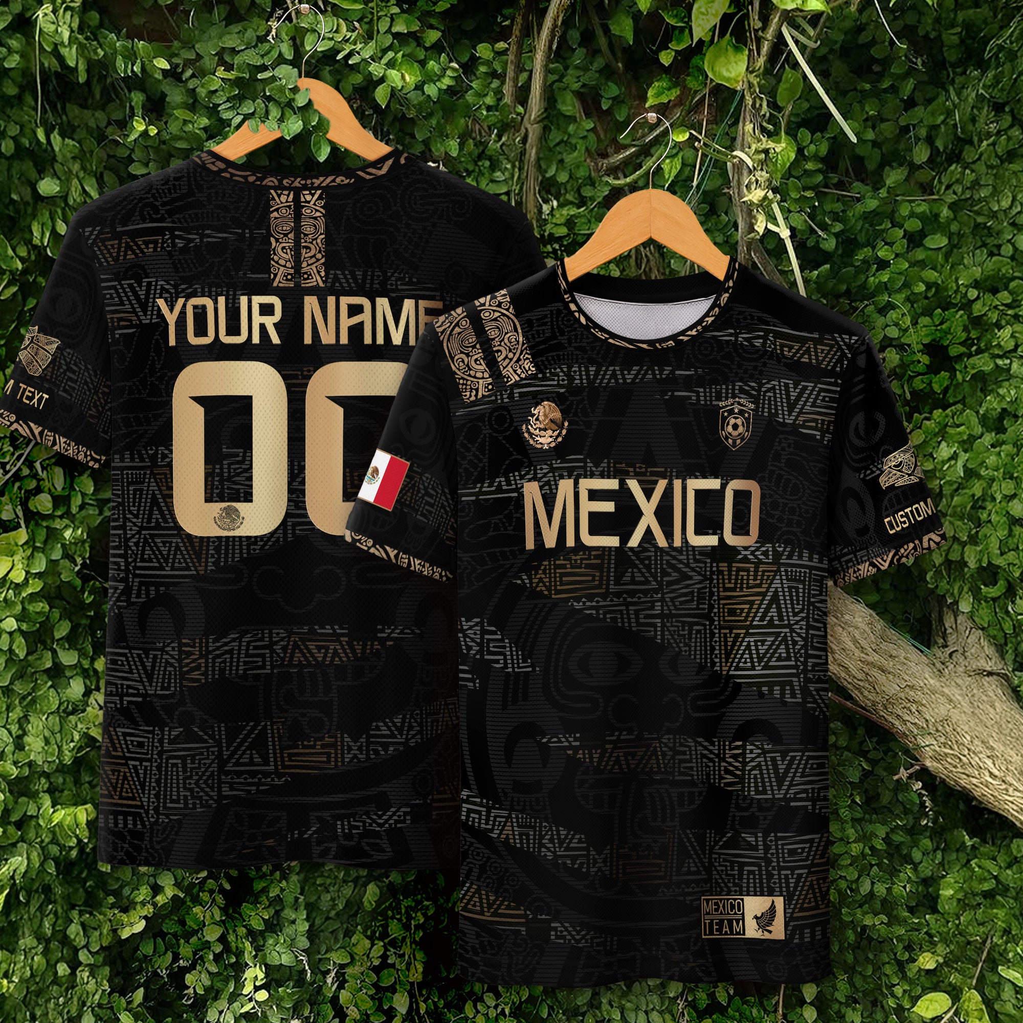 Custom Mexico Soccer Jersey and Shorts Set Black Gold Aztec