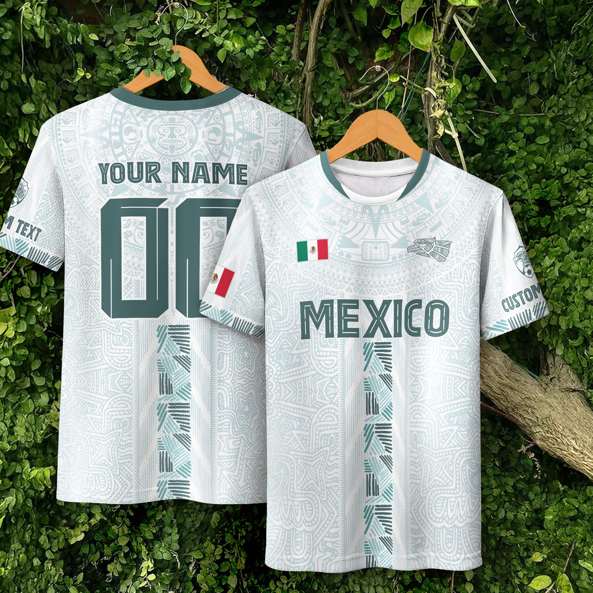 Mexico Custom White Soccer Jersey with Aztec Calendar Design