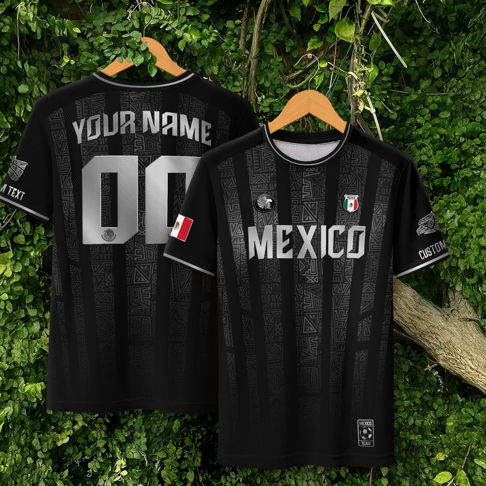 Mexico Custom Black Soccer Jersey with Silver Aztec Pattern