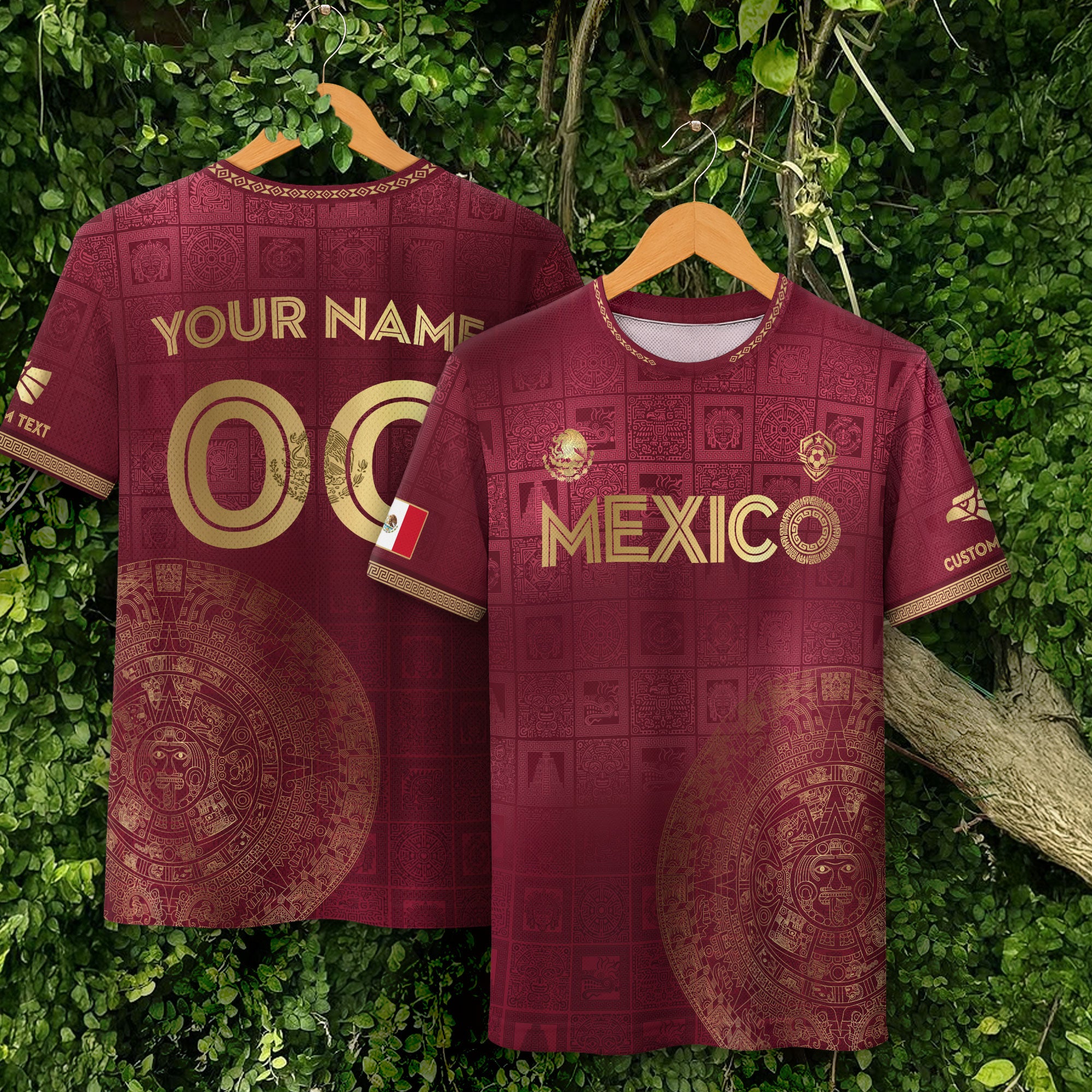 Mexico Custom Maroon with Golden Aztec Calendar Soccer Jersey