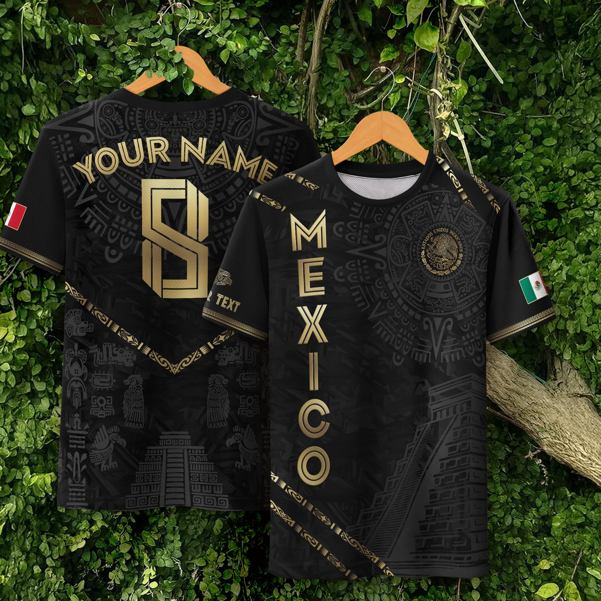 Custom Mexico Black Gold Aztec Calendar Pyramid Design Soccer Jersey