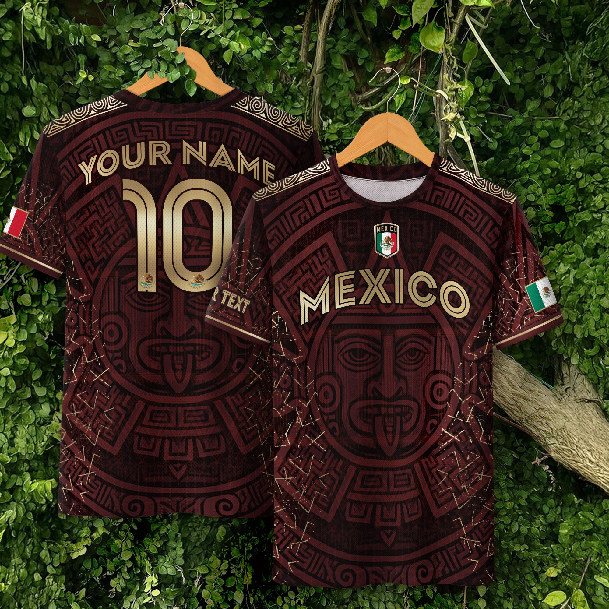 Custom Soccer Jersey Mexico Burgundy Gold Aztec Sun Design