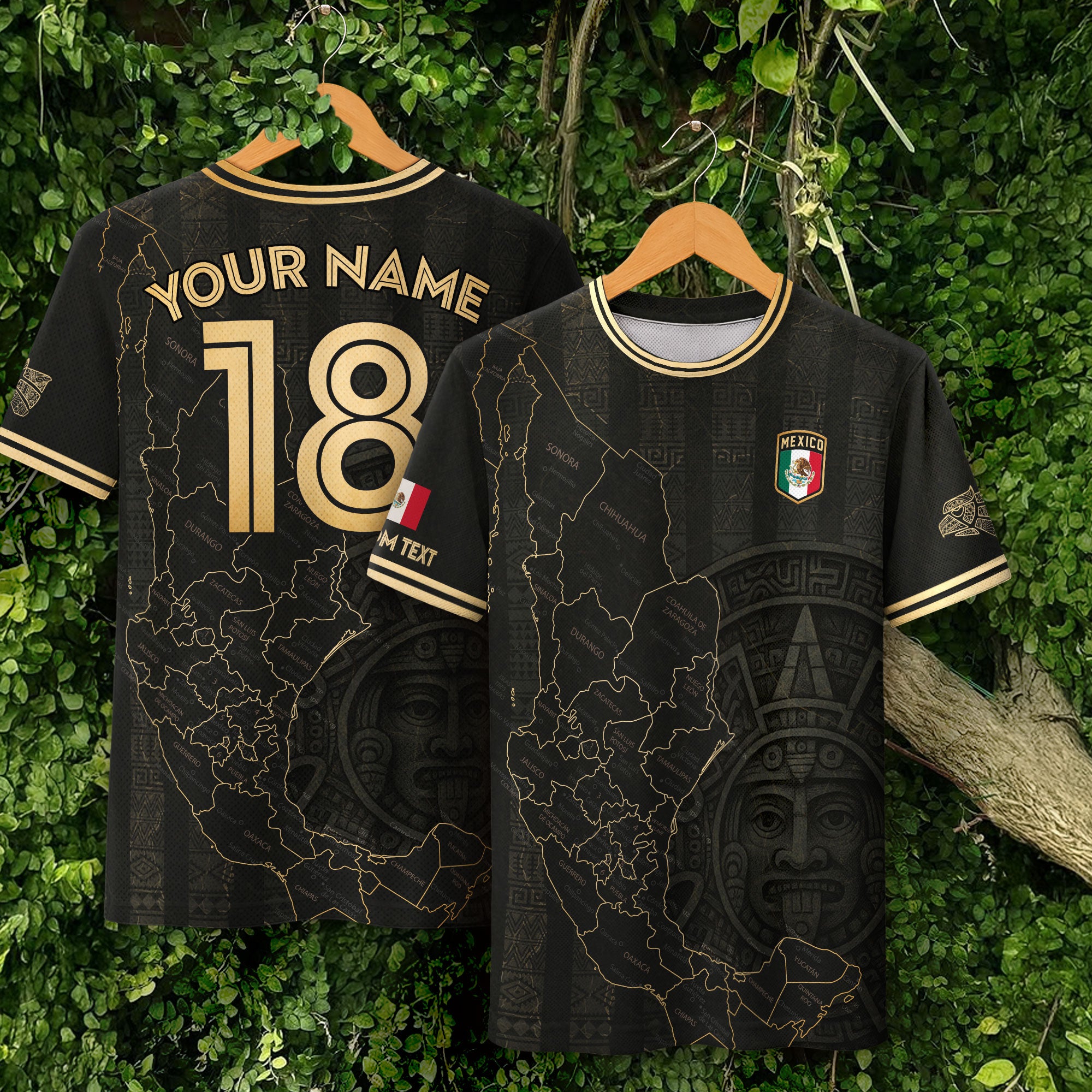 Custom Mexico Black Gold Map Aztec Sun Design Soccer Jersey