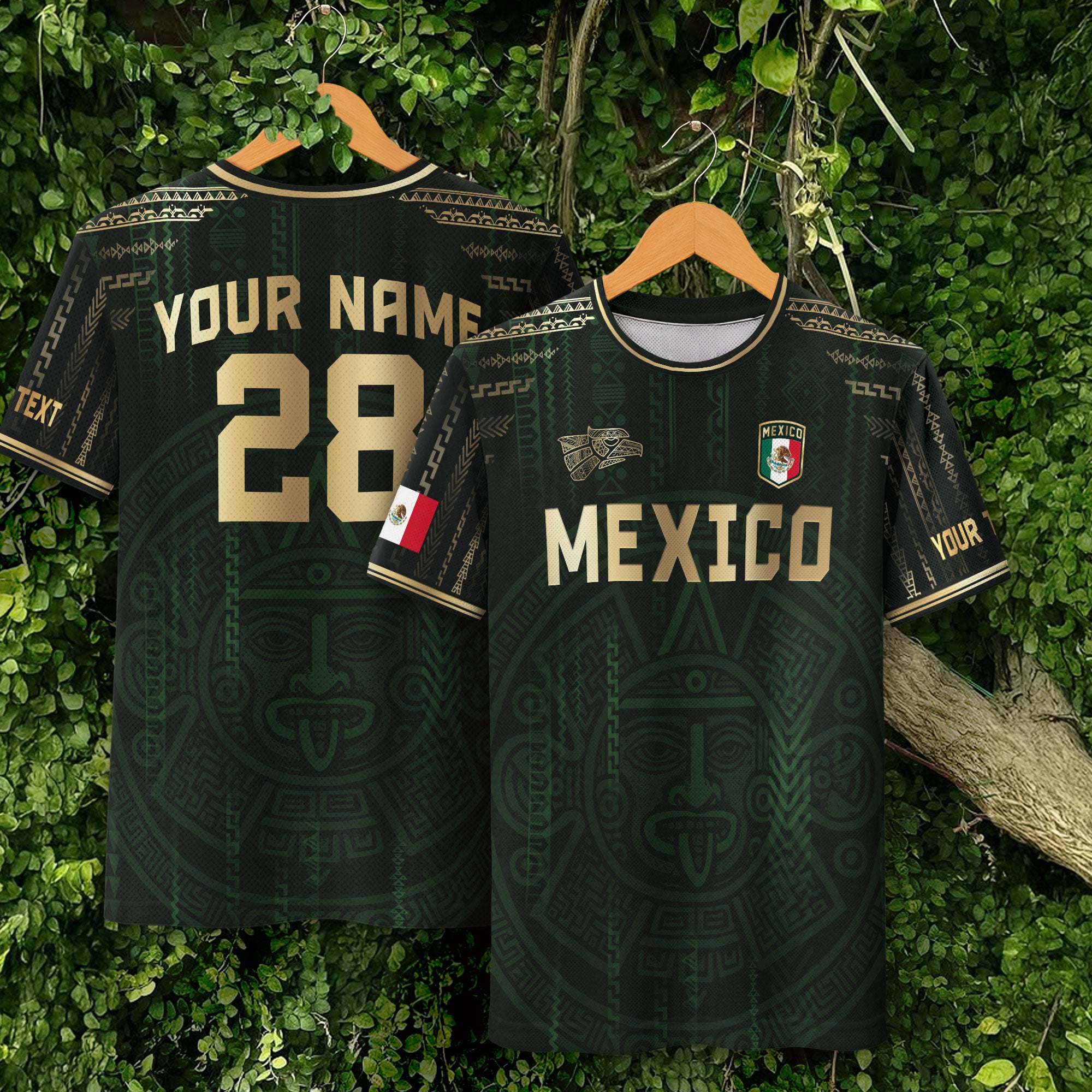 Custom Mexico Dark Green Gold Aztec Sun Design Soccer Jersey