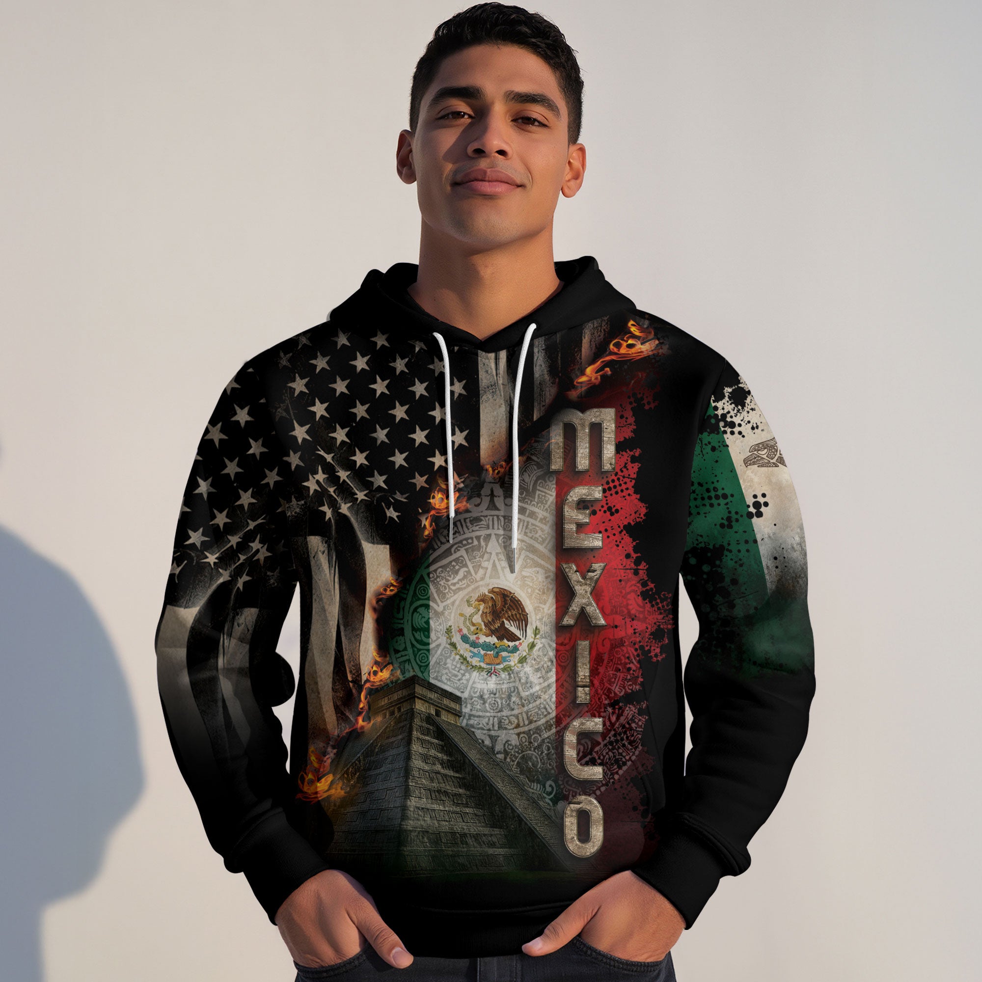 Mexico USA Flag Aztec Pyramid Heritage Unity Warrior Hoodie