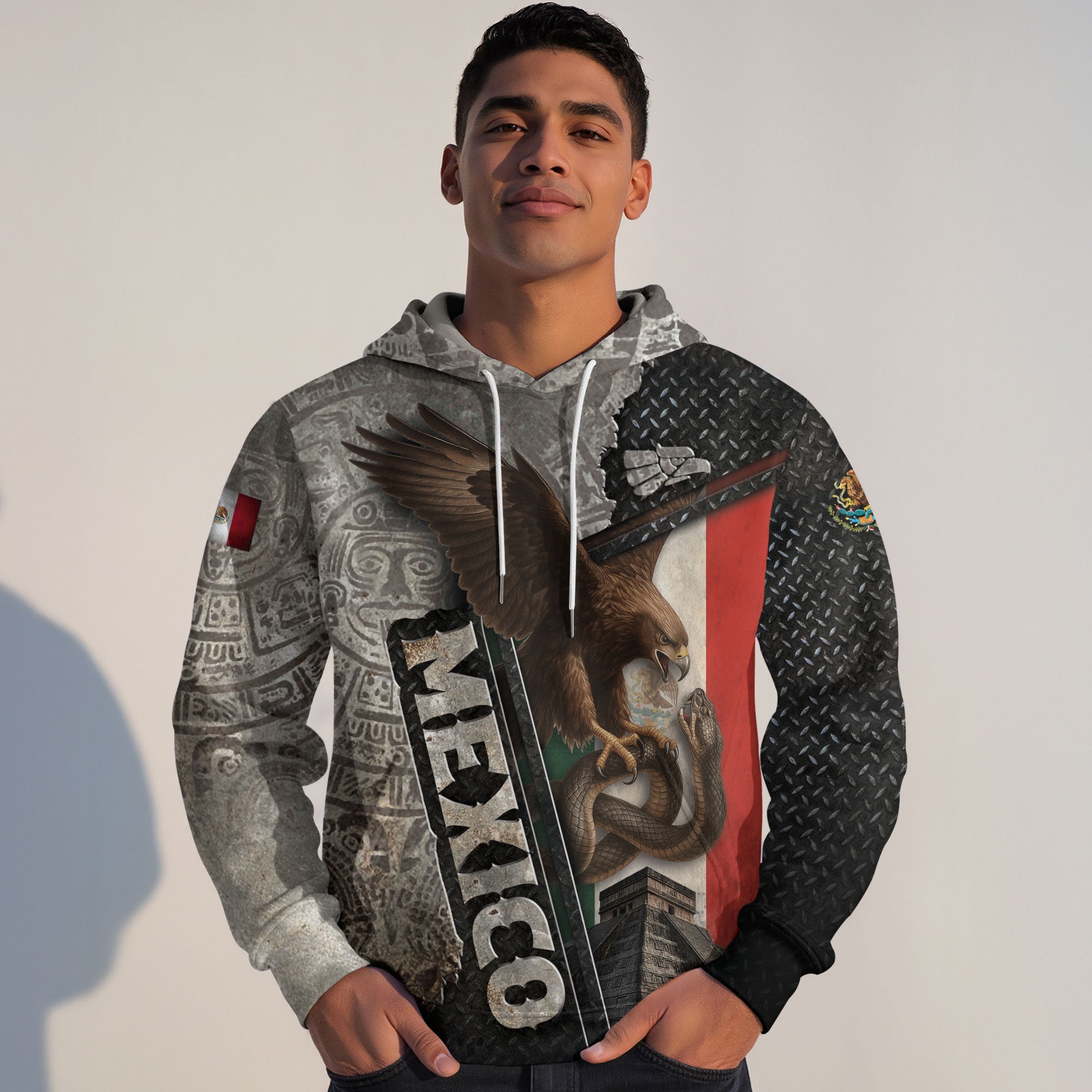 Mexico Flag Eagle Serpent Aztec Pyramid Stone Steel Heritage Warrior Pride Hoodie