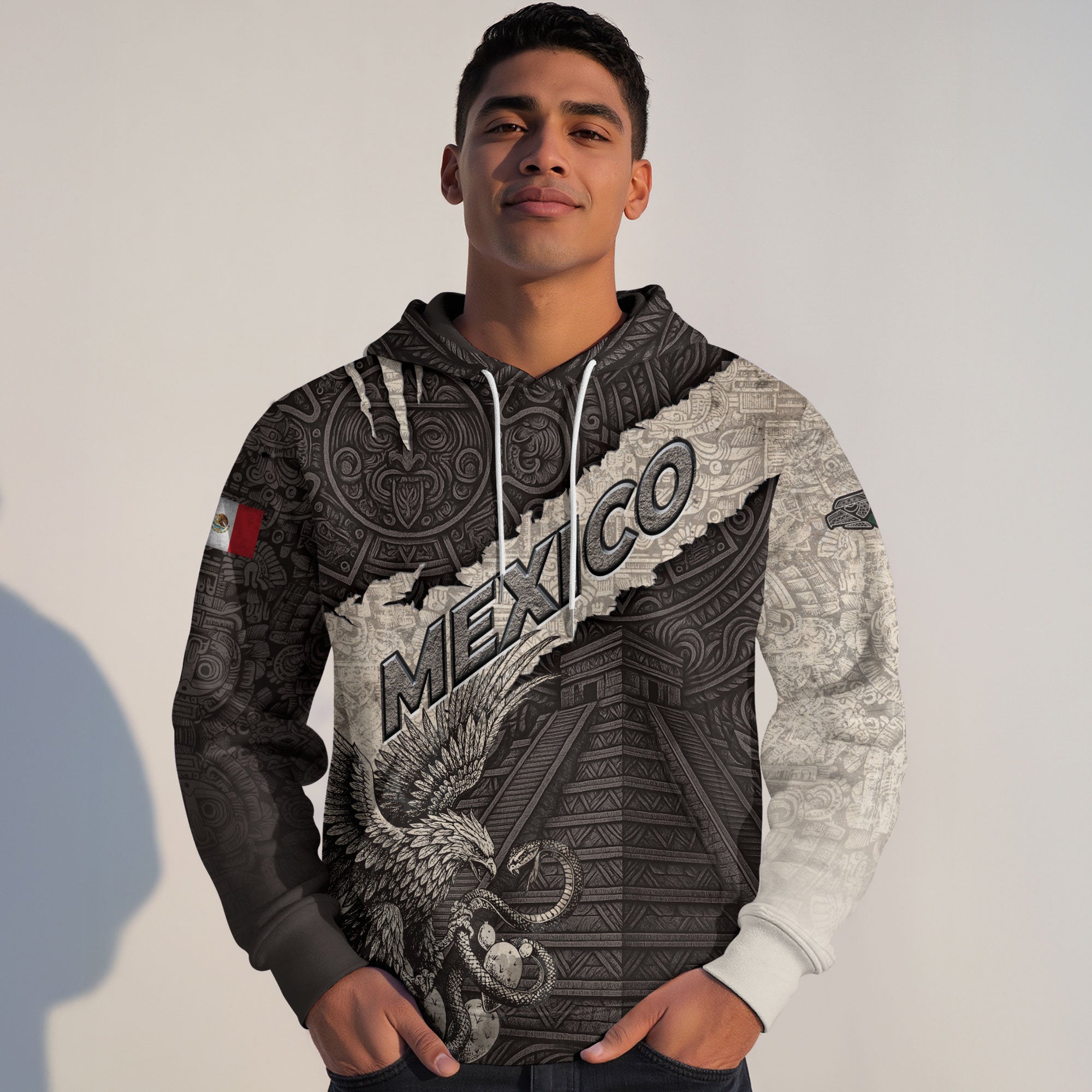Mexico Aztec Pyramid Eagle Serpent Heritage Stone Pattern Warrior Pride Hoodie