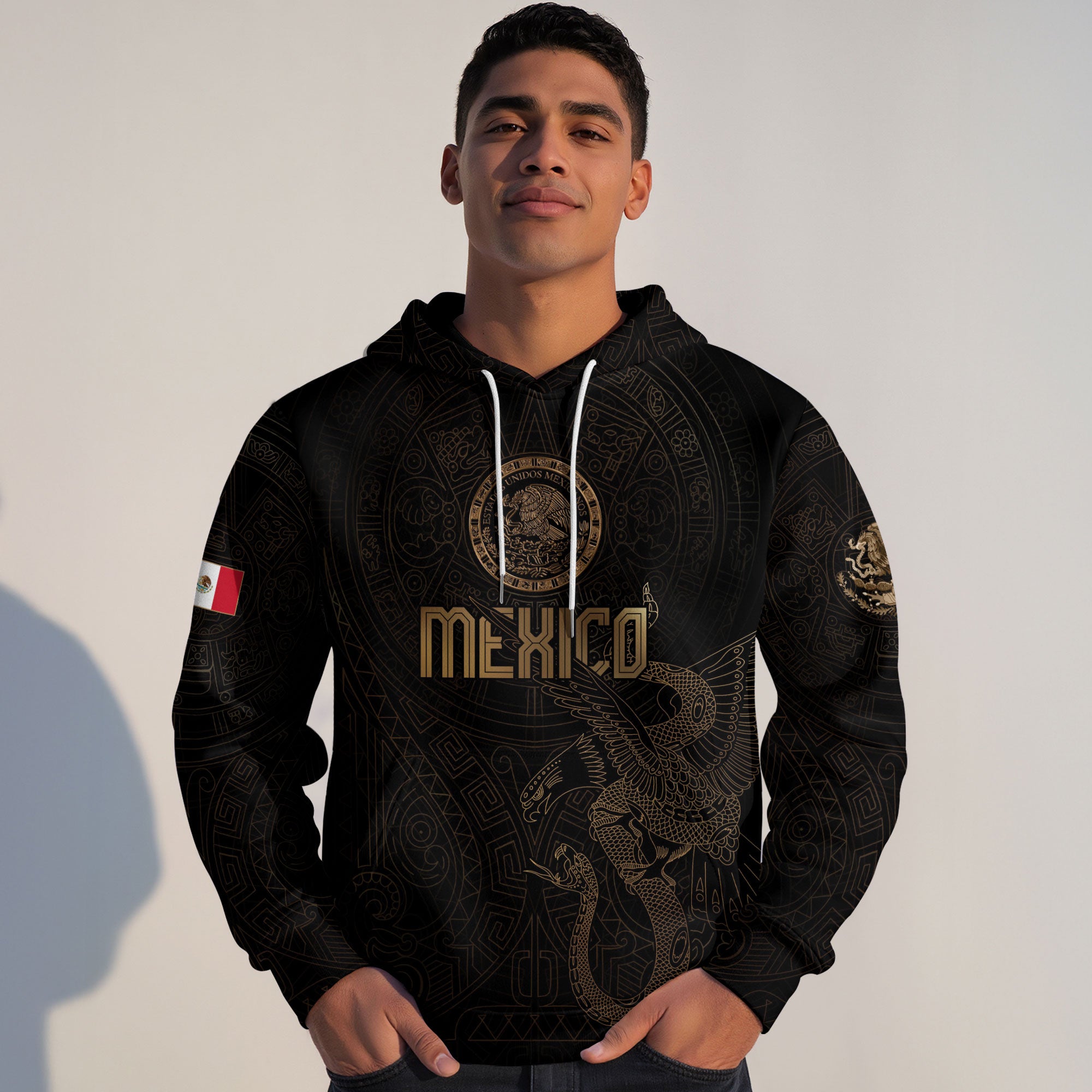 Mexican Gold Eagle Snake National Seal Aztec Calendar Mens Sudadera De Mexico Hoodie