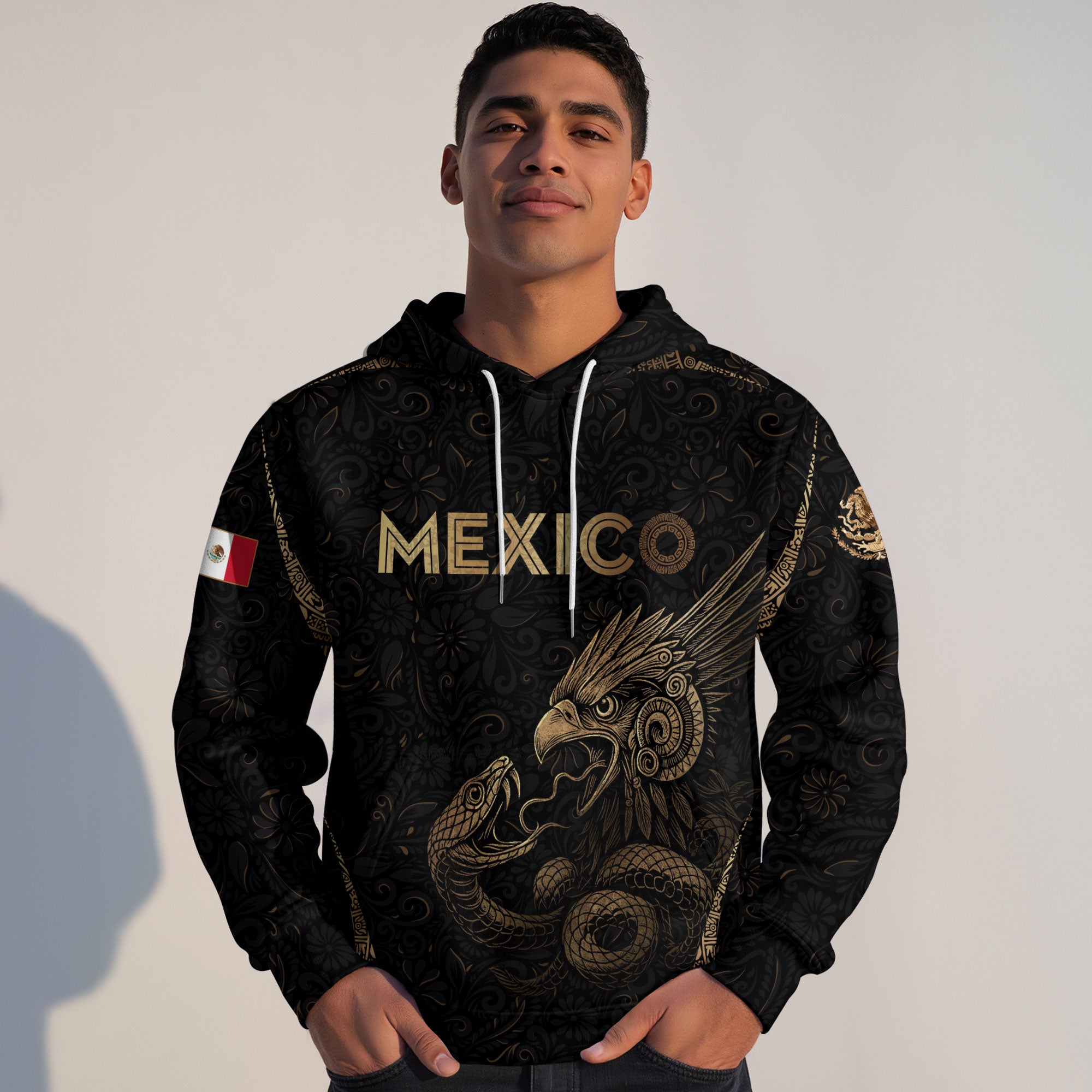 Mexican Gold Eagle Snake Floral Pattern Mens Sudadera De Mexico Heritage Hoodie