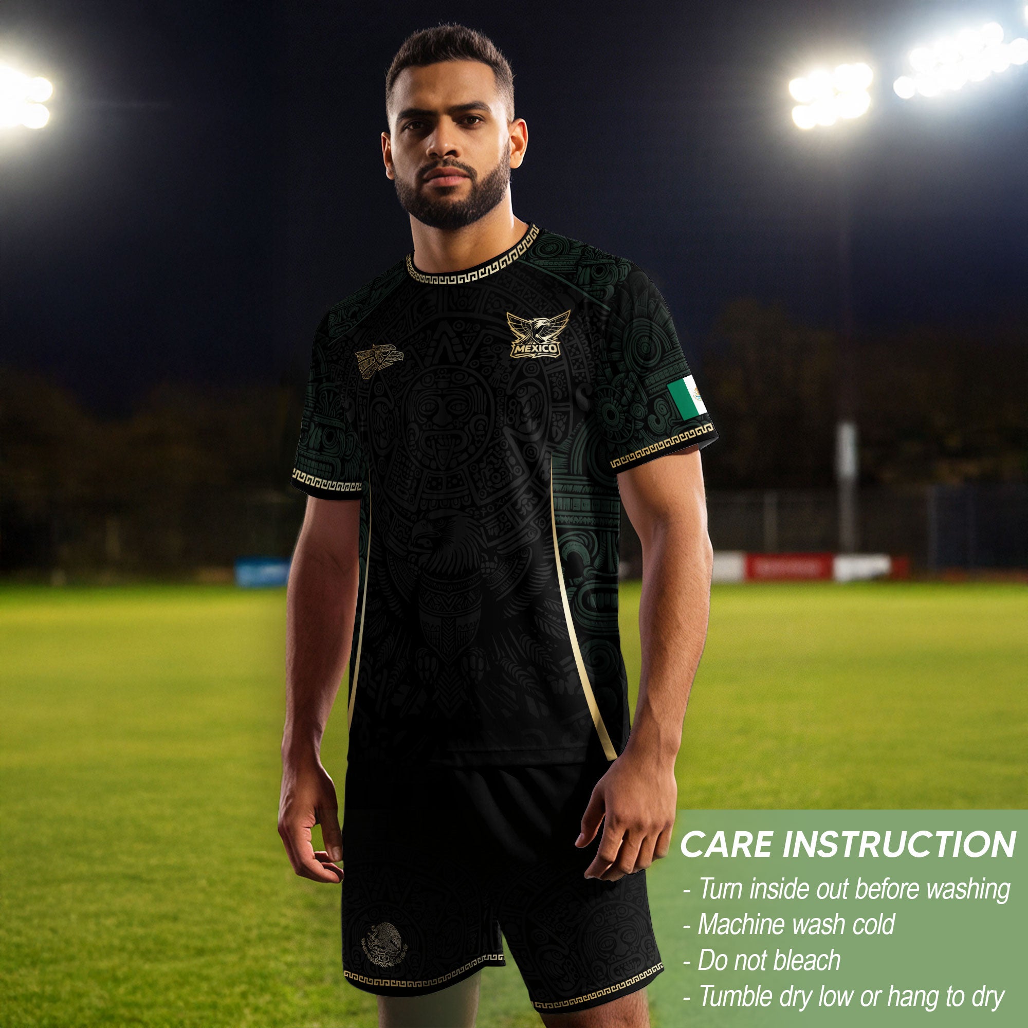 Camiseta de fútbol premium con emblema de águila azteca verde y dorado de México