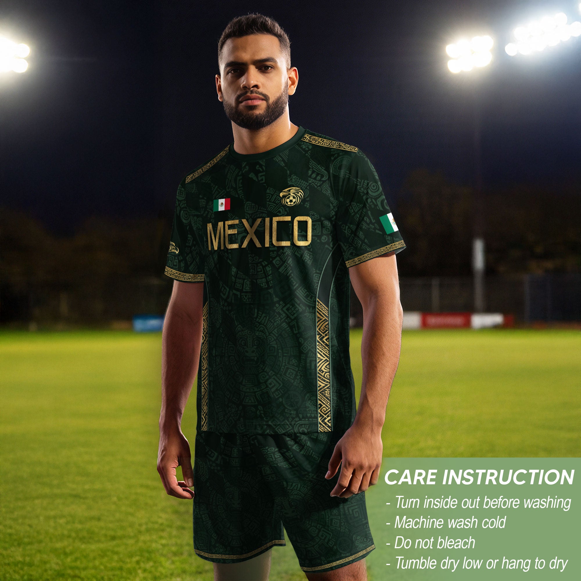 Camiseta de fútbol premium con emblema de águila azteca verde y dorado de México