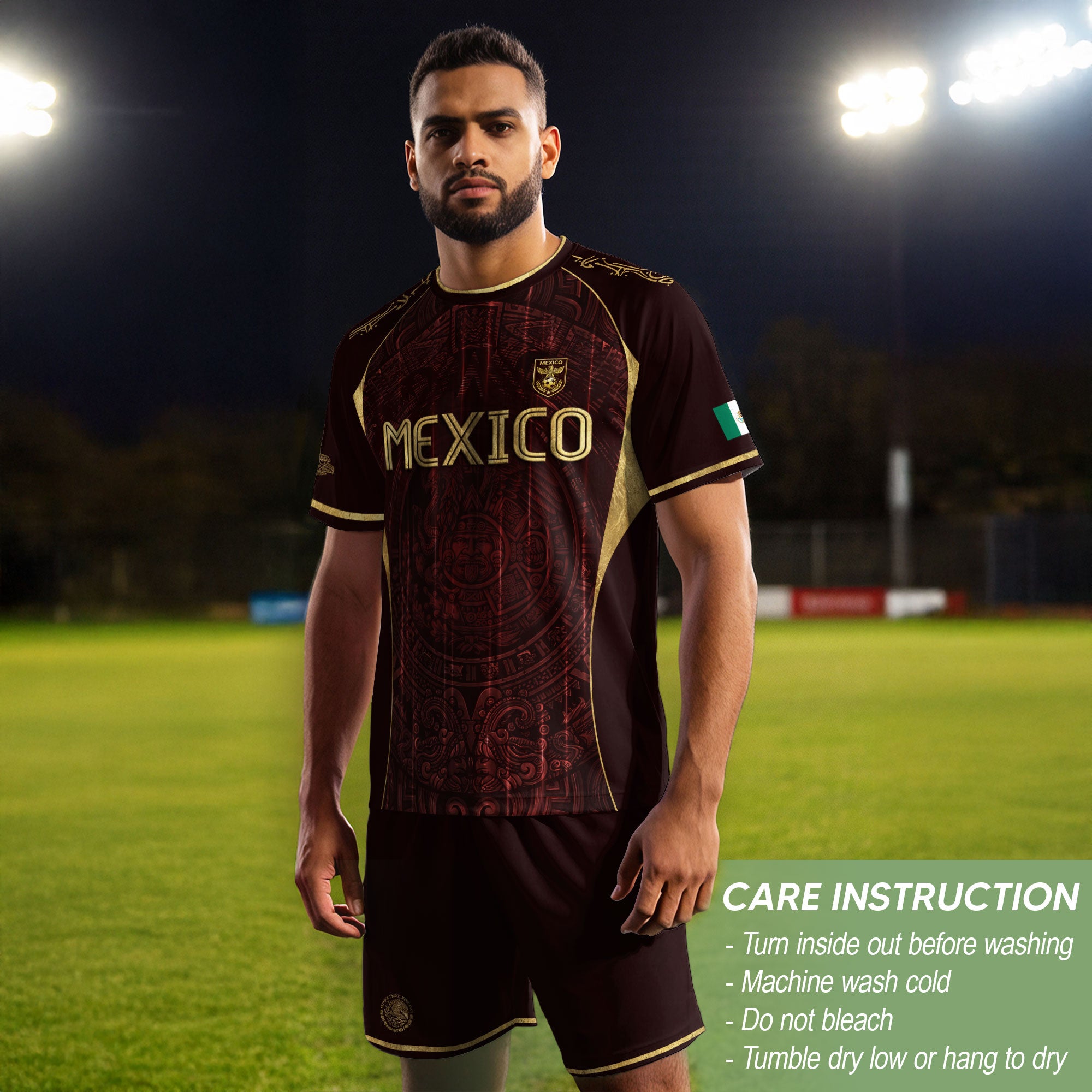 Camiseta de fútbol premium con emblema de águila azteca verde y dorado de México