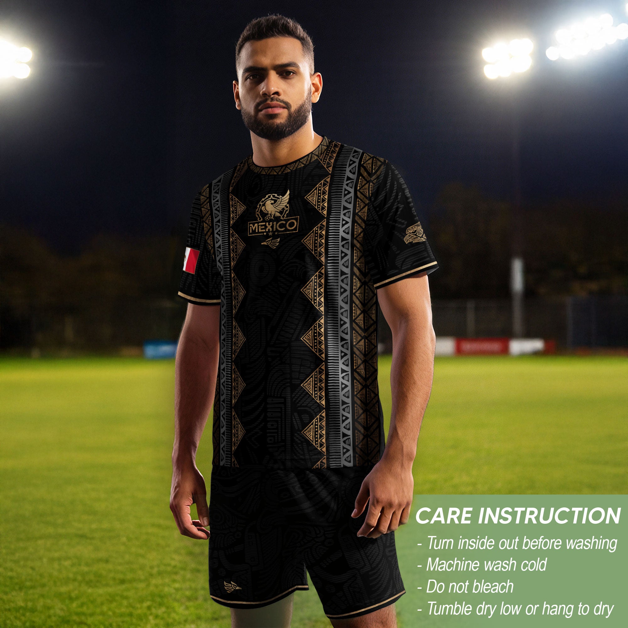 Camiseta de fútbol premium con emblema de águila azteca verde y dorado de México