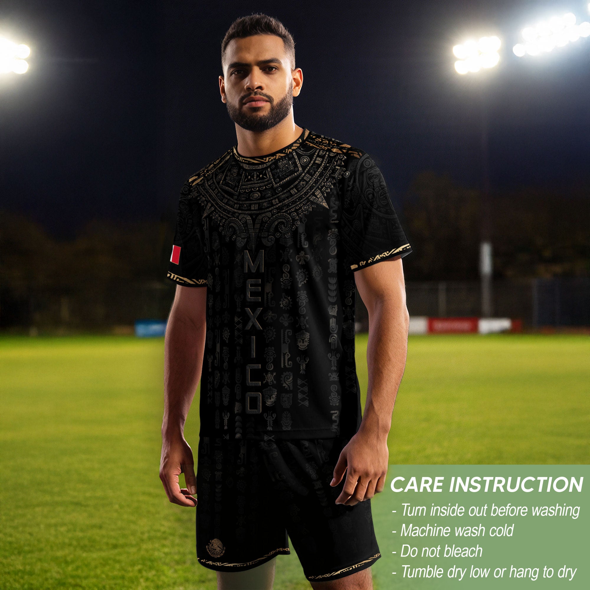 Mexico Heritage Orgullo Mexicano Black Bronze Ancient Mask Aztec Calendar Soccer Jersey