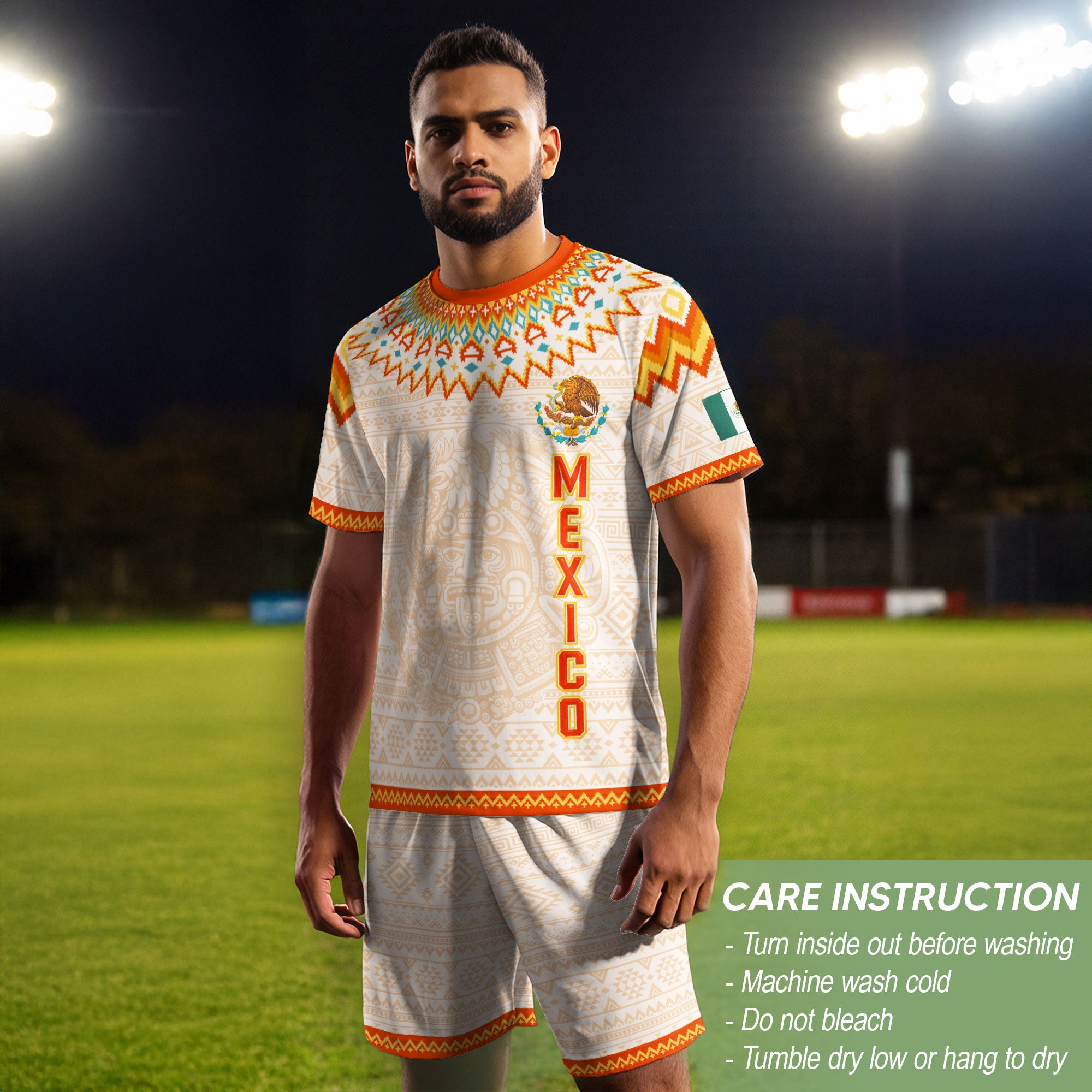 Mexico Cream Orange Heritage Soccer Jersey, Aztec Pattern Mexican Roots Design Jersey For Men