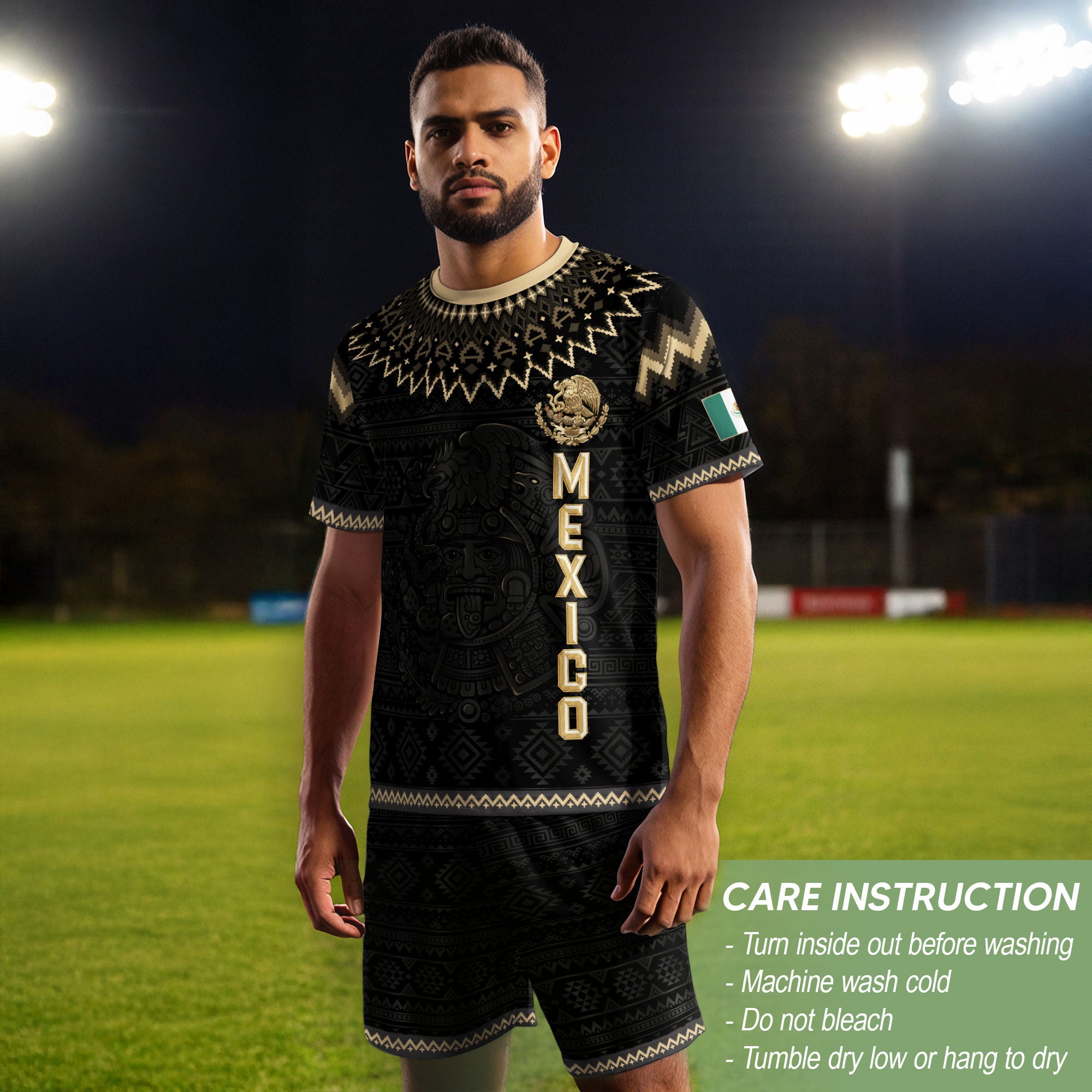 Camiseta de fútbol premium con emblema de águila azteca verde y dorado de México