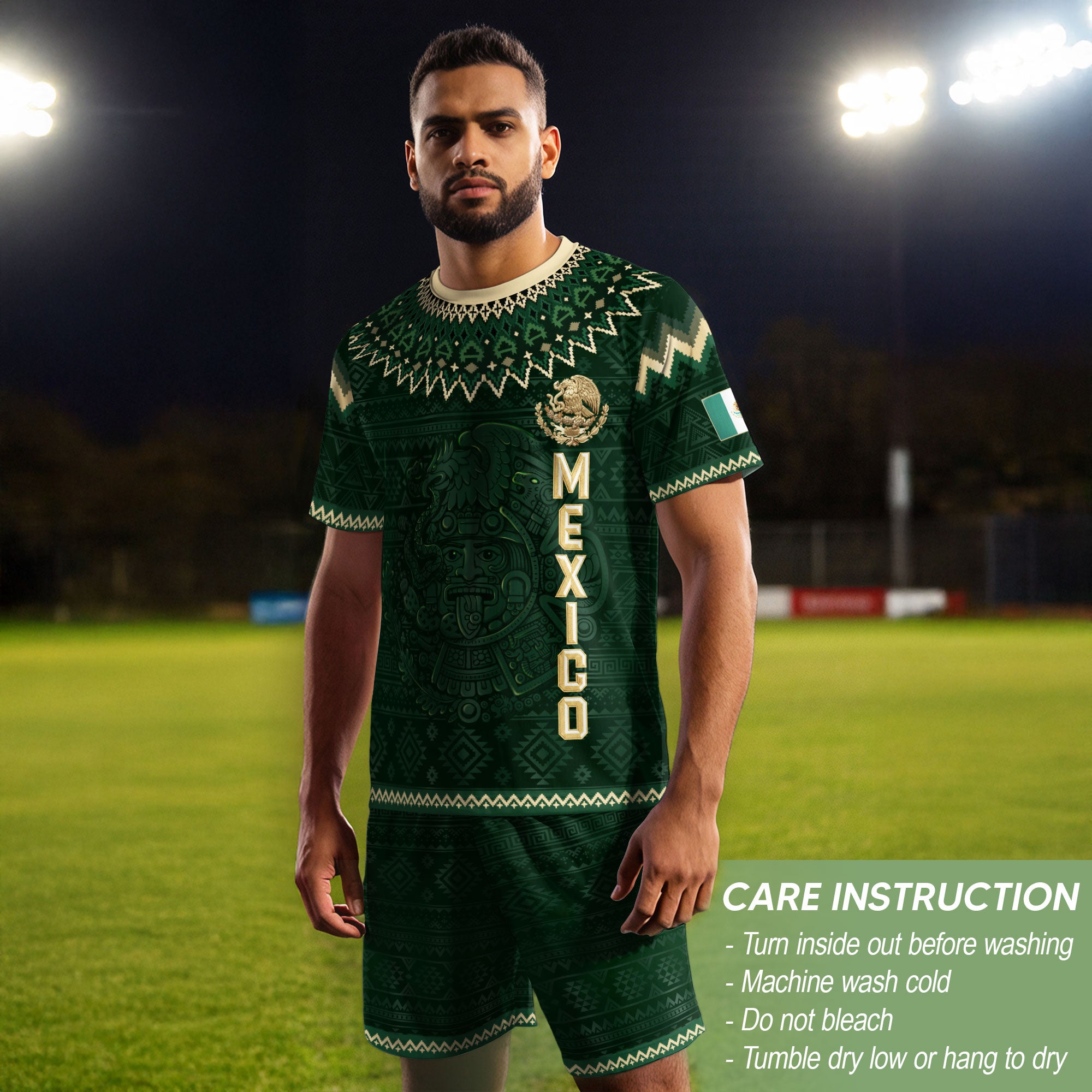 Mexico Heritage Soccer Jersey, Green Gold Aztec Calendar Design Sports Jersey for Men